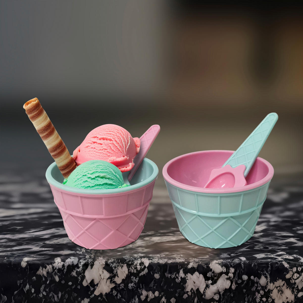 HI Haushaltshelfer blau Kunststoff Eisbecher_mit_Löffel - blau/rosa - HI