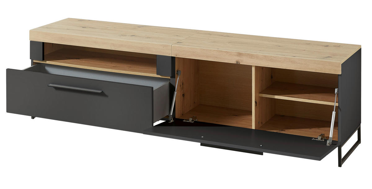 TV-Lowboard Loft Two Eiche Artisan Nachbildung Graphit Lacklaminat supermatt B/H/T: ca. 192x55x44 cm Loft Two - Eiche/schwarz (192,00/55,00/44,00cm)
