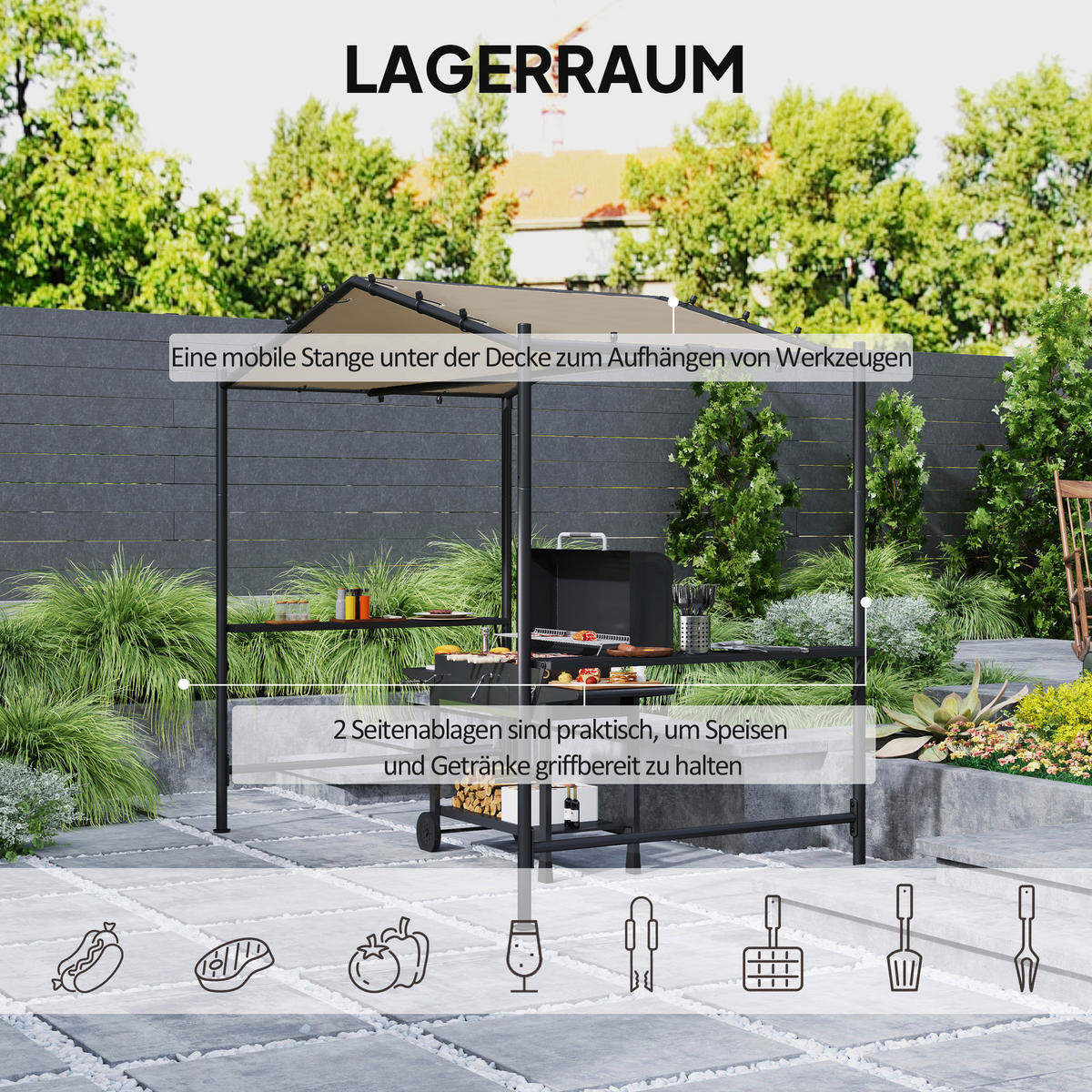 Outsunny Grillpavillon khaki Stahl B/H/L: ca. 149x230x277 cm Grillpavillon - khaki (277,00/149,00/230,00cm) - Outsunny