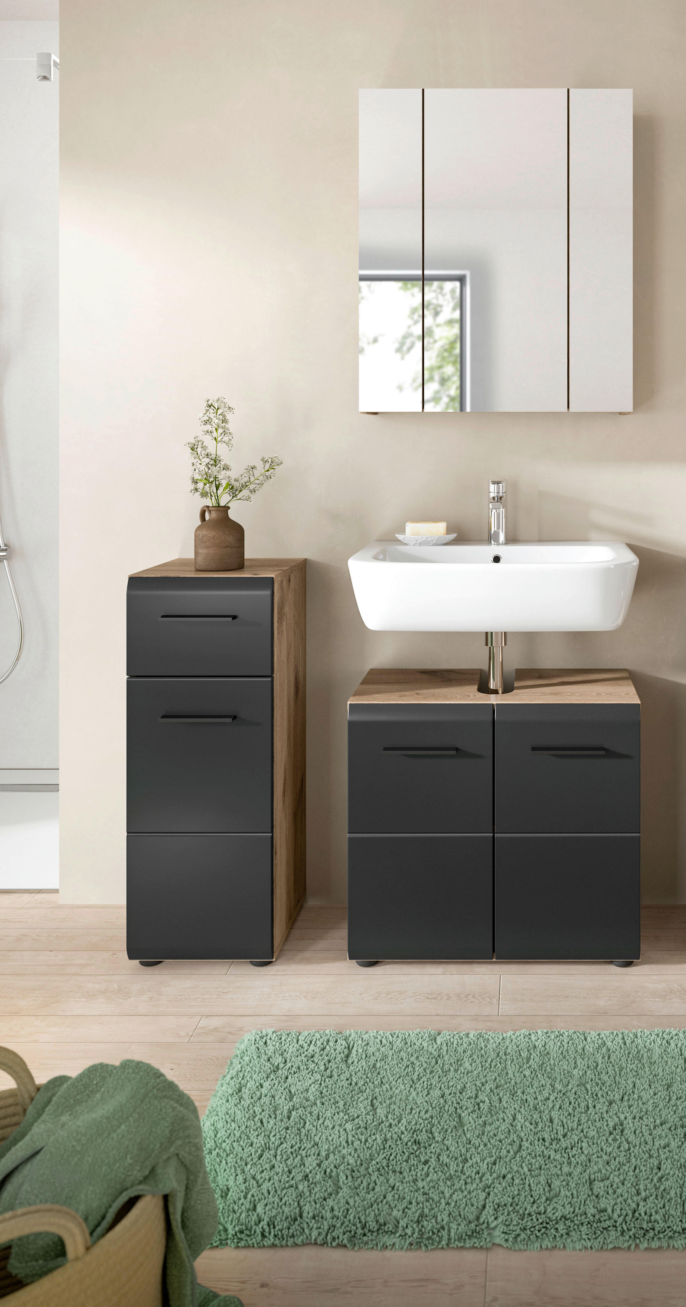 Badezimmer-Set Ice Nox Oak Nachbildung schwarz matt B/H/T: ca. 105x185x30 cm Ice - schwarz (105,00/185,00/30,00cm) - xonox.home