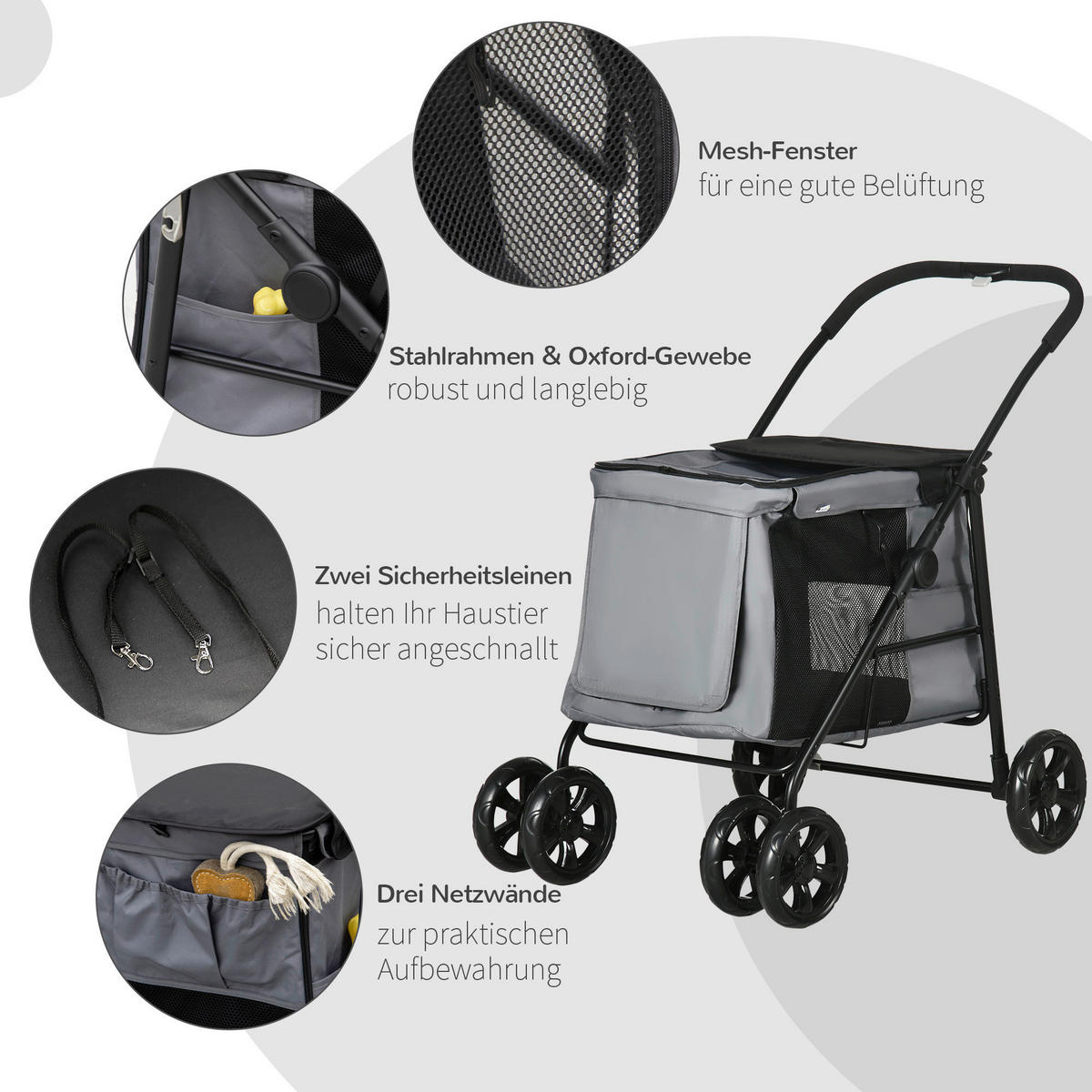 PawHut Hunde-Zubehör grau Polyester B/H/L: ca. 62x102x105 cm Hundewagen - grau (105,00/62,00/102,00cm) - PawHut