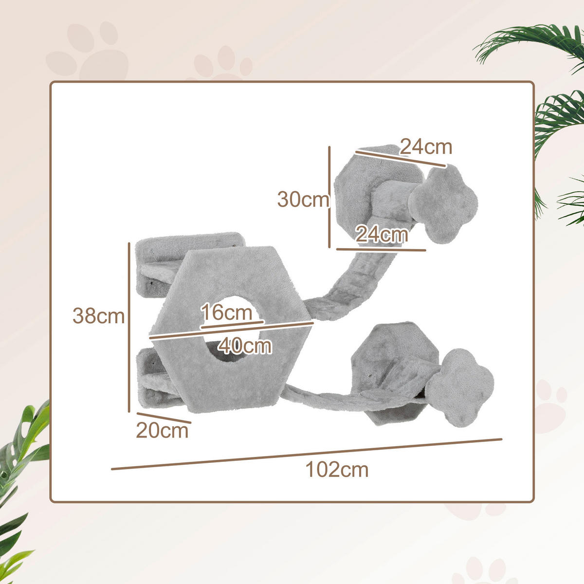 PawHut Katzen Kletterwand hellgrau Spanplatte B/H/L: ca. 30x38x154 cm Katzen Kletterwand - hellgrau (154,00/30,00/38,00cm) - PawHut