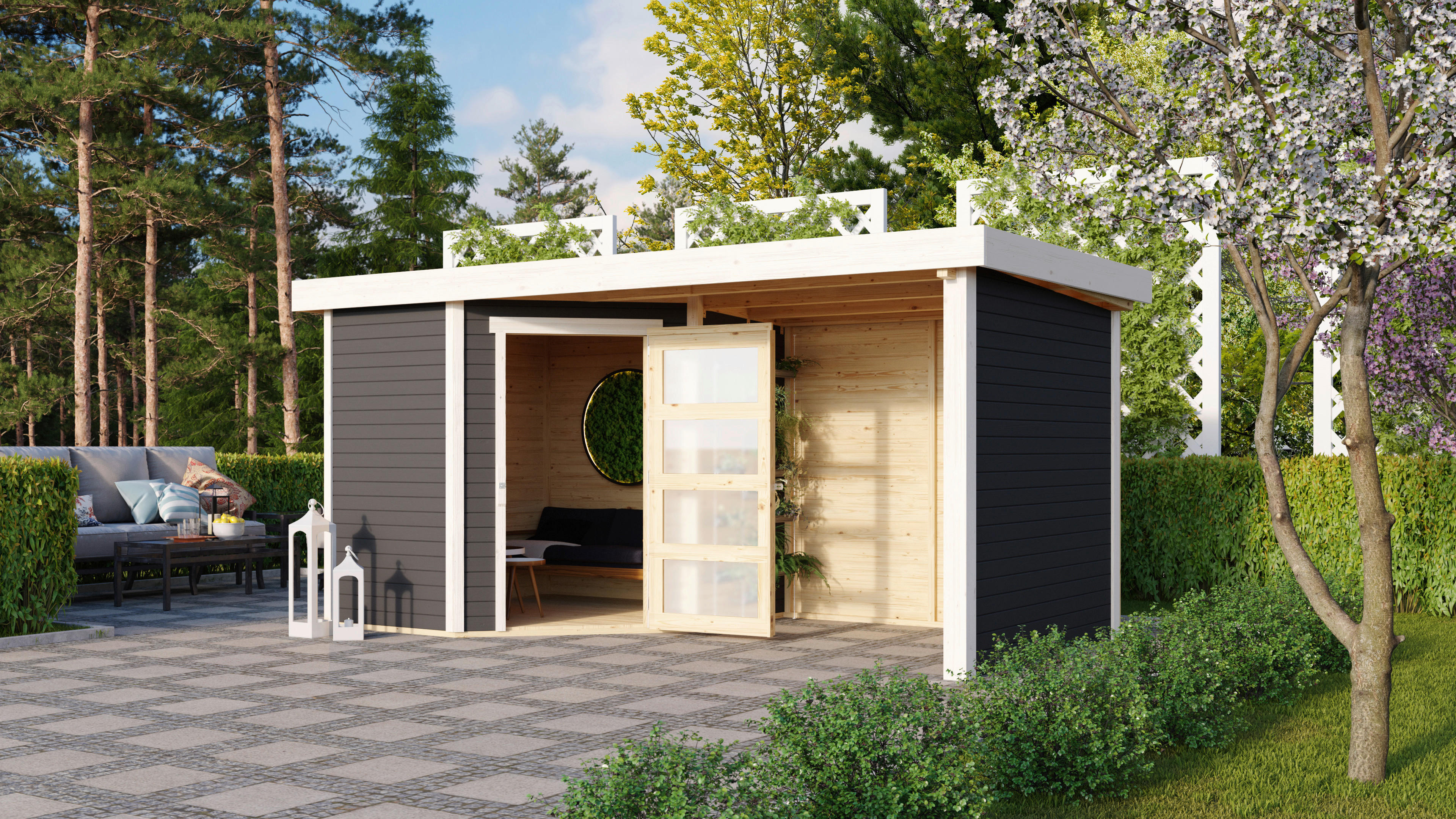 Karibu Gartenhaus Pipo 1 mit Anbau Terragrau Fichte B/H/T: ca. 213x217x211 günstig online kaufen