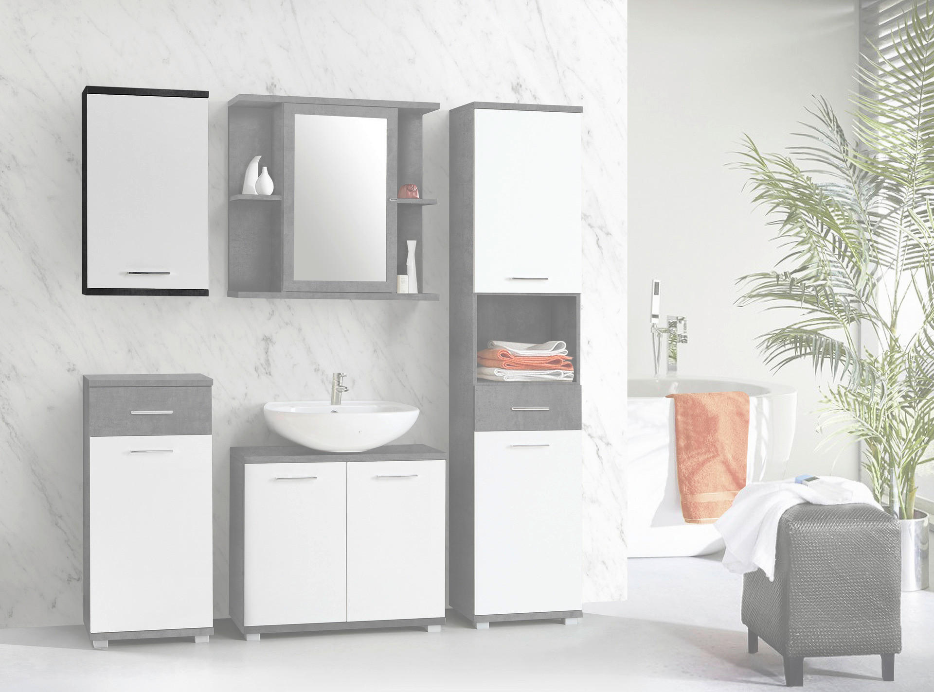 Badhängeschrank  Beton dunkel Optik weiß Hochglanz B/H/T: ca. 40,2x68,8x23,2 cm Champ_Hängeschrank CMPH072-C272 - weiß (40,20/68,80/23,20cm)