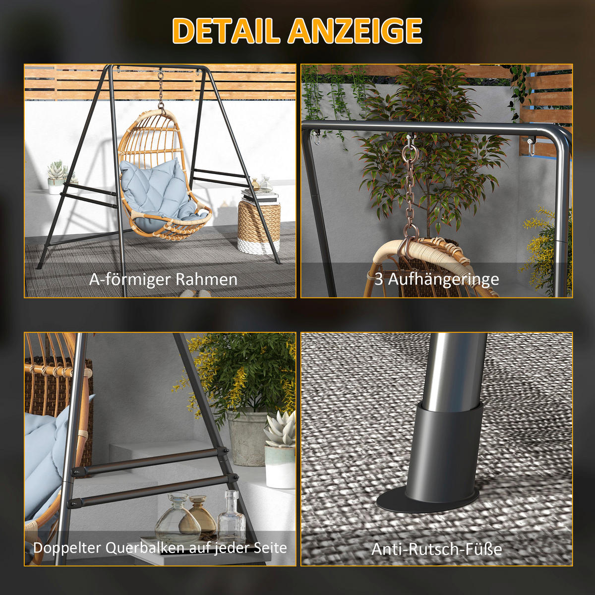 Outsunny Hängesesselgestell schwarz Polypropylen B/H/L: ca. 143x178x180 cm Hängestuhlgestell - schwarz (180,00/143,00/178,00cm) - Outsunny