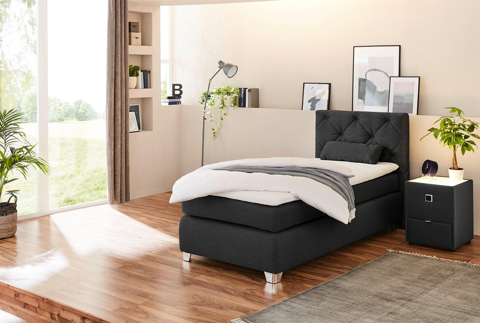 Boxspringbett  schwarz Flachgewebe Liegefläche B/L: ca. 90x200 cm Finja_H3_Boxspringbett - weiß/schwarz (99,00/106,00/213,00cm)