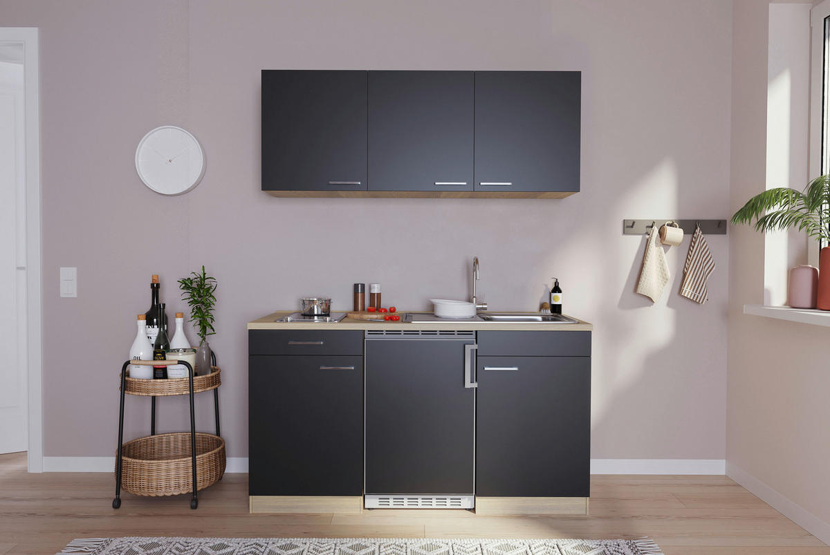 Respekta Singleküche Economy schwarz matt B/H/T: ca. 150x200x60 cm Economy - Eiche/schwarz (150,00/200,00/60,00cm) - Respekta