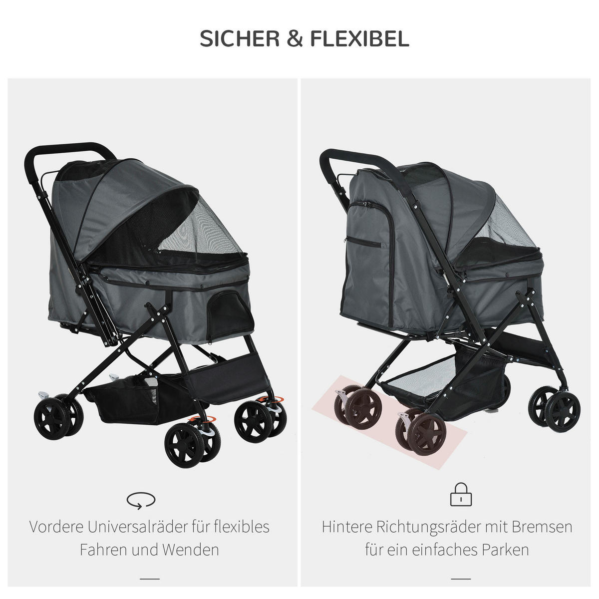 PawHut Hunde-Zubehör dunkelgrau Polypropylen B/H/L: ca. 52x76,5x95 cm Hundebuggy - dunkelgrau (95,00/52,00/76,50cm) - PawHut