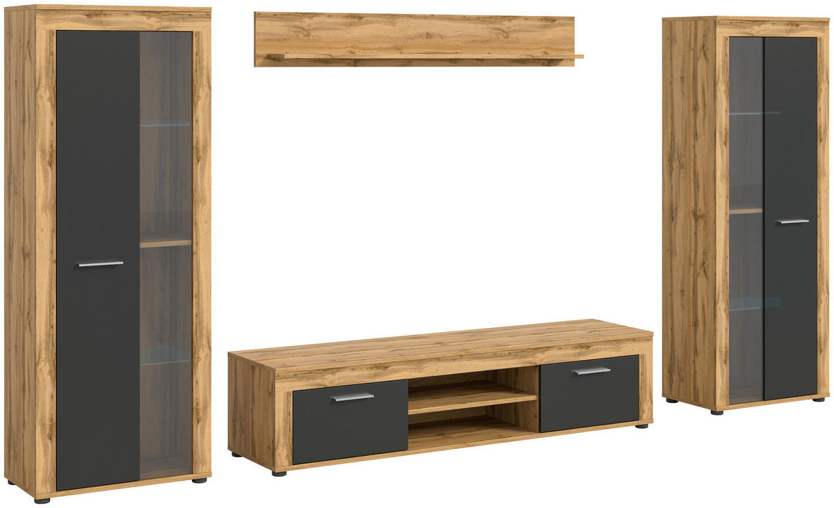 Wohnwand Jam Eiche Wotan Nachbildung grau B/H/T: ca. 310x159x35 cm Jam - Eiche/grau (310,00/159,00/35,00cm) - xonox.home