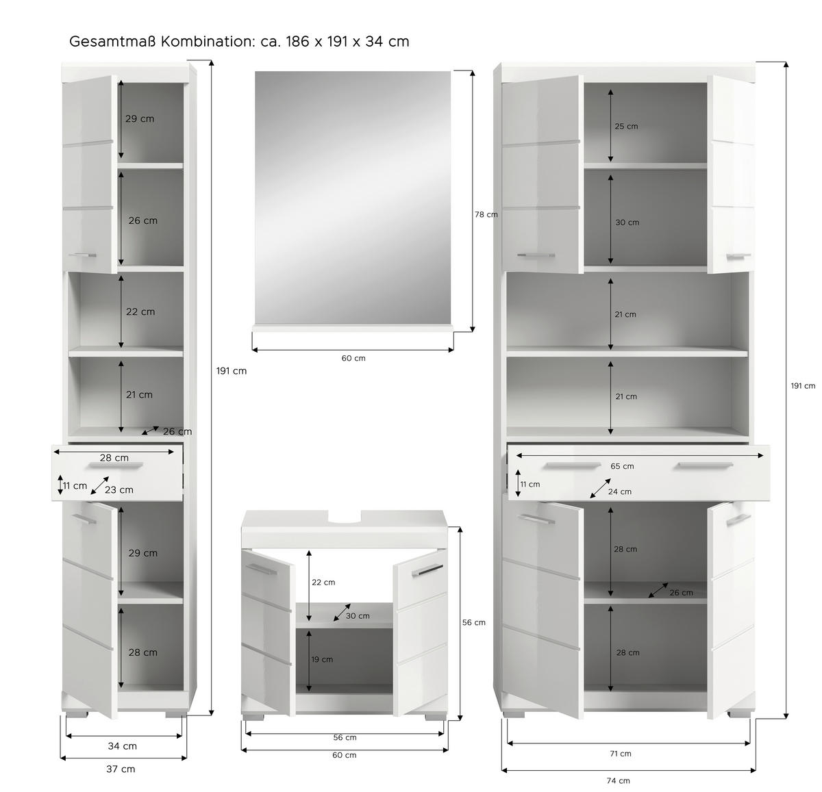 Badezimmer-Set Scout weiß weiß Hochglanz B/H/T: ca. 186x191x34 cm Scout - weiß (186,00/191,00/34,00cm) - xonox.home