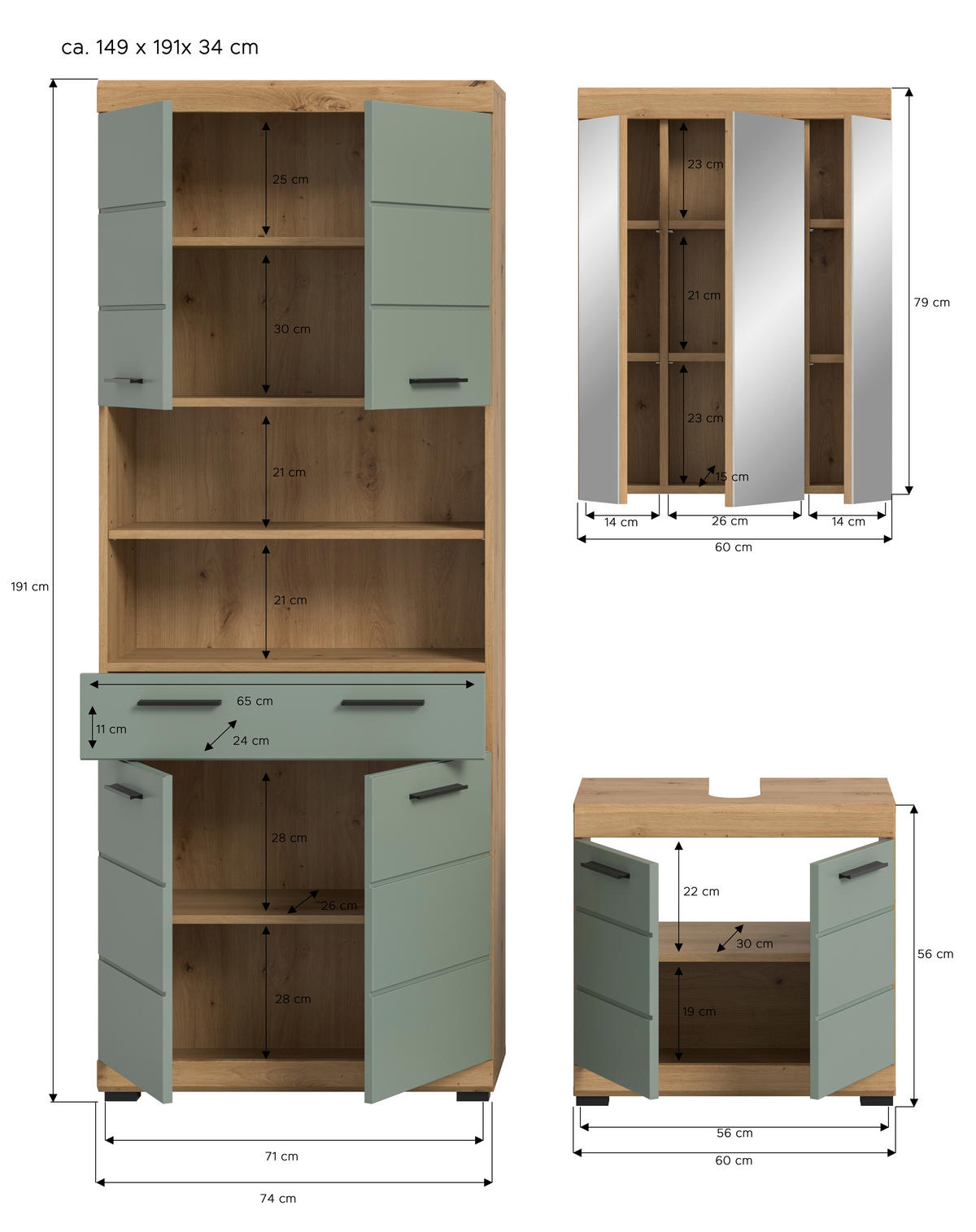 Badezimmer-Set Scout Eiche Artisan Nachbildung salbei Nachbildung B/H/T: ca. 149x34x191 cm Scout - Eiche/salbei (149,00/34,00/191,00cm) - xonox.home