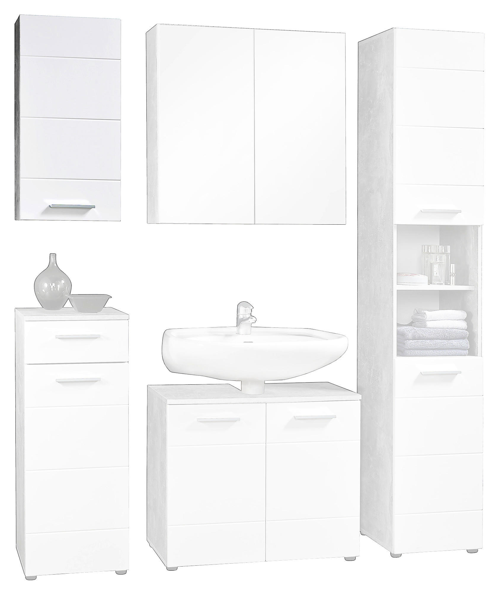 Badhängeschrank Stockholm Beton Optik weiß Hochglanz B/H/T: ca. 35x71x23 cm Stockholm - weiß (35,00/71,00/23,00cm)
