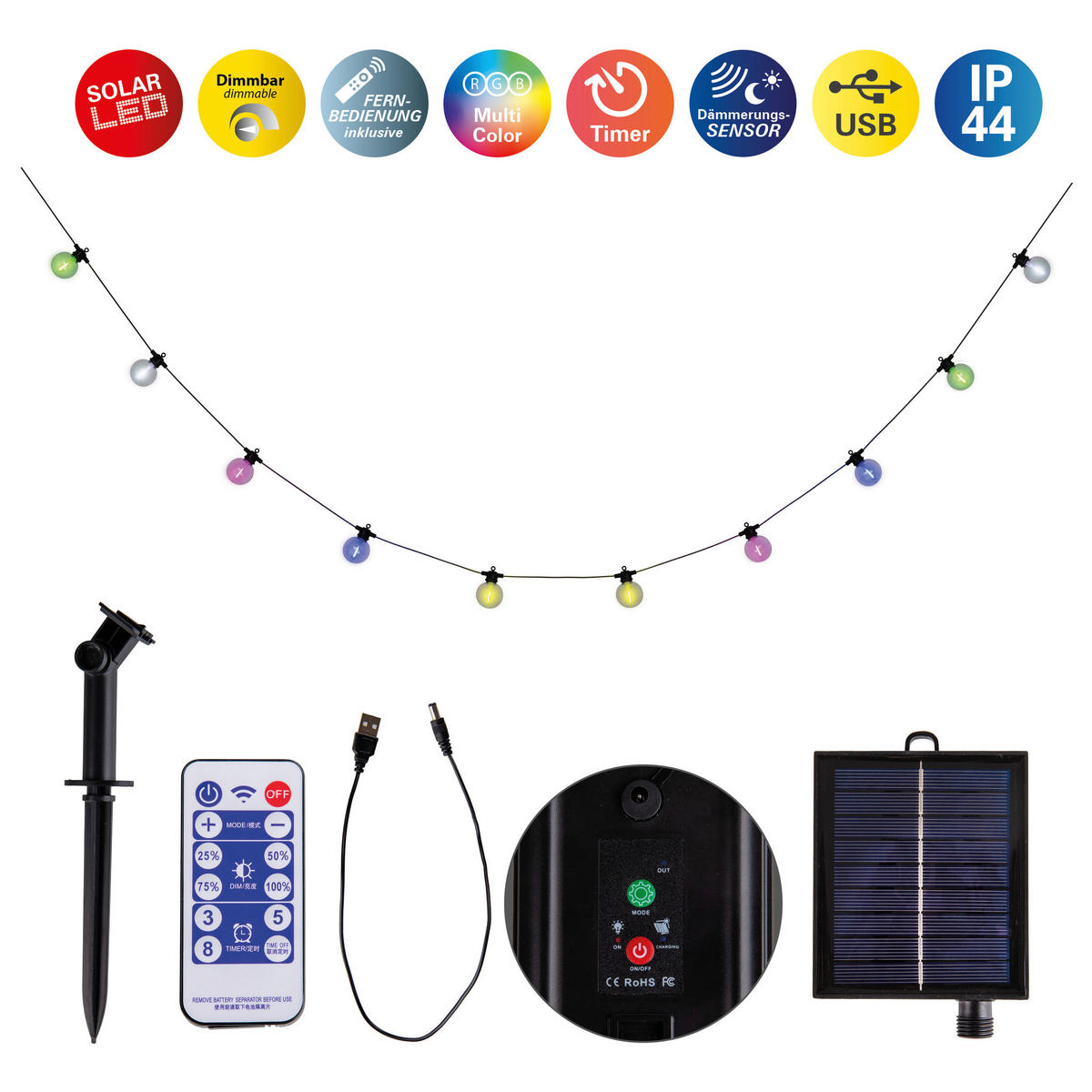 Solarleuchte 5314762 multicolor Kunststoff B/H/T: ca. 7,5x7,5x1000 cm Cadena - multicolor (7,50/7,50/1000,00cm) - Näve Leuchten