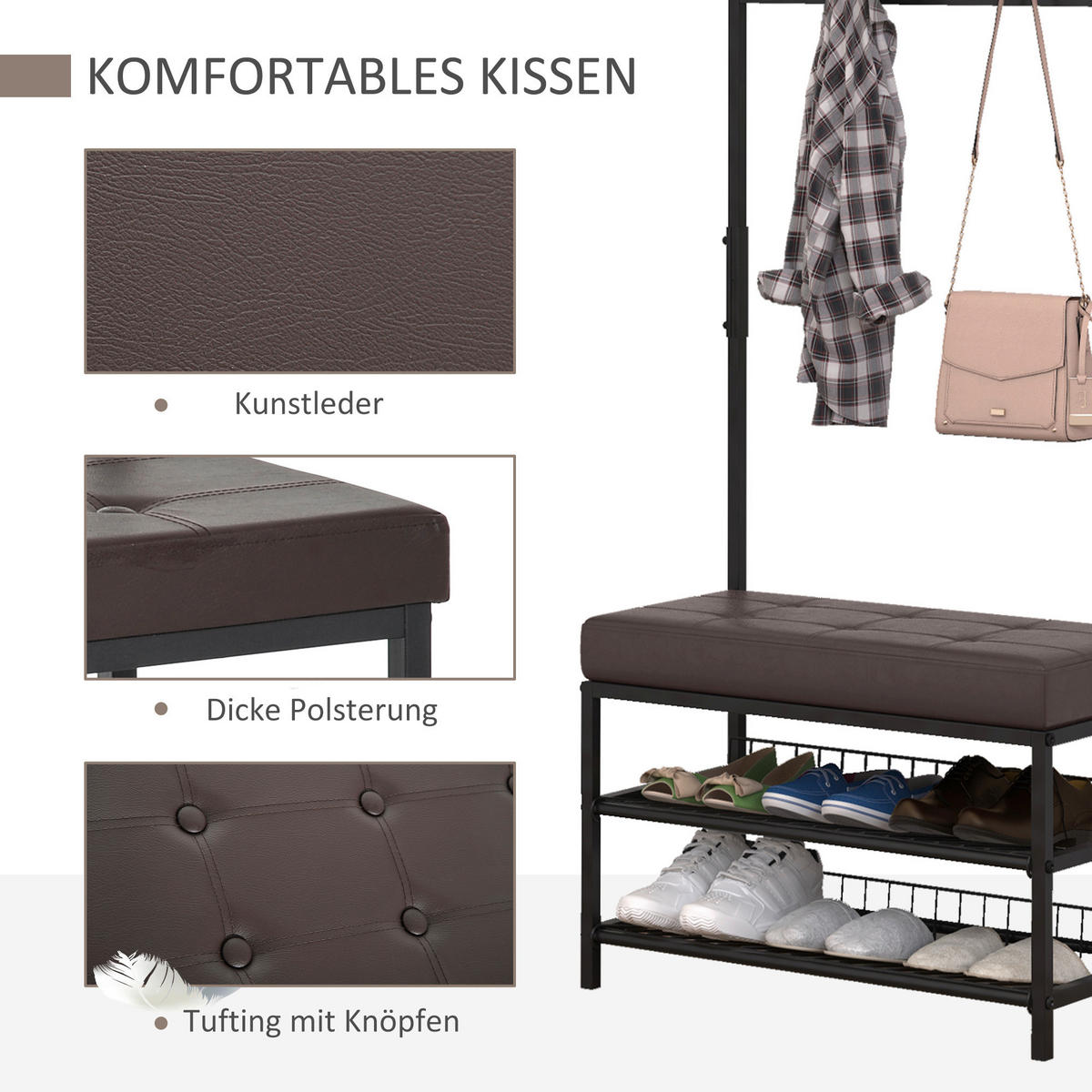 HOMCOM Garderobe schwarz Polypropylen B/H/L: ca. 35x725x180 cm Garderobenmodul - braun/schwarz (180,00/35,00/725,00cm) - HOMCOM