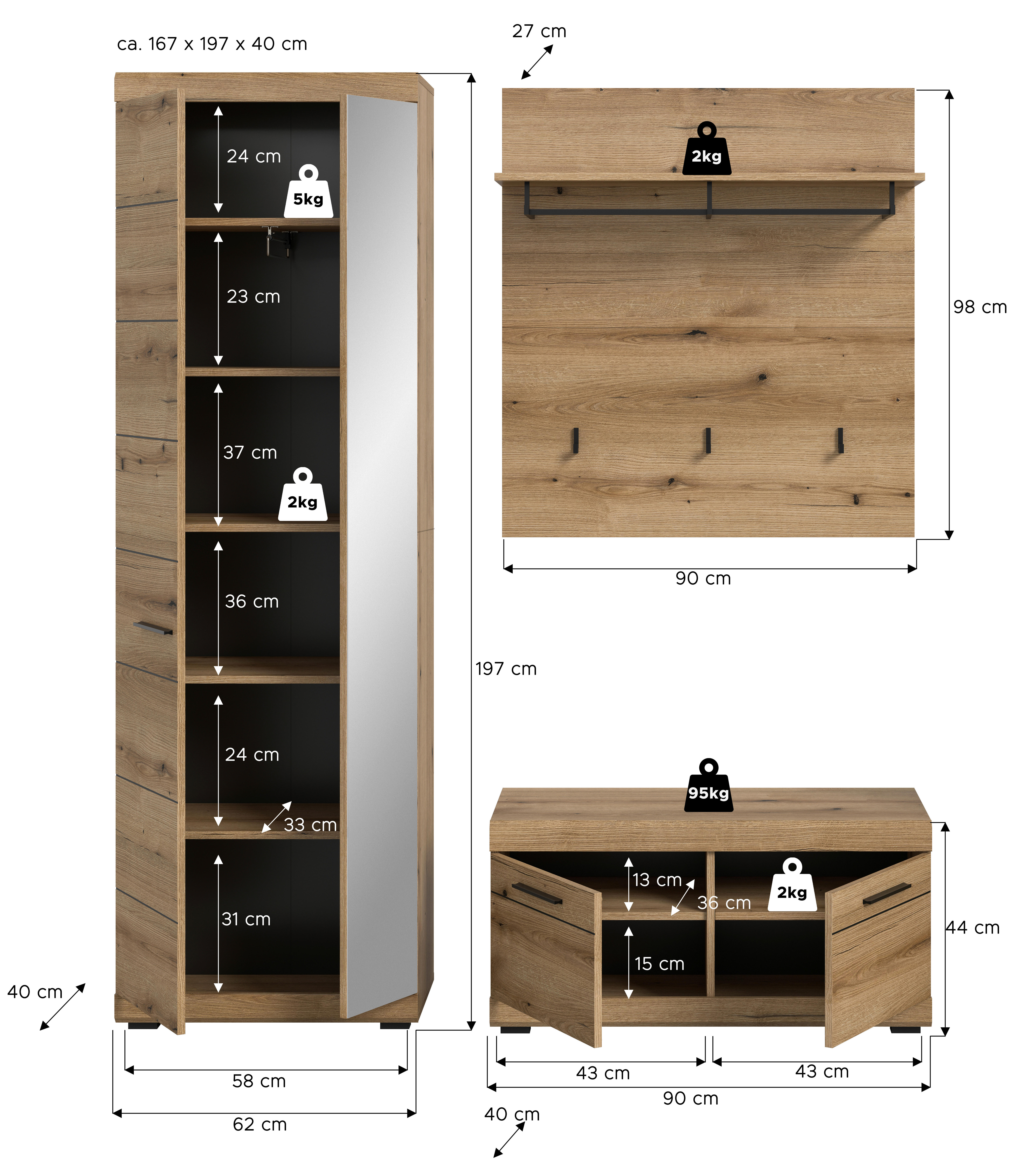 Thumbnail - Garderobe SCOUT Evoke Oak Nachbildung B/H/T: ca. 167x197x40 cm
