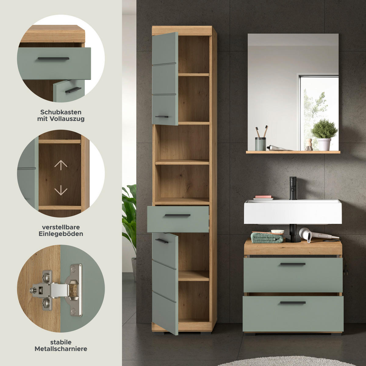 Badezimmer-Set Scout Eiche Artisan Nachbildung salbei Nachbildung B/H/T: ca. 112x191x37 cm Scout - Eiche/salbei (112,00/191,00/37,00cm) - xonox.home