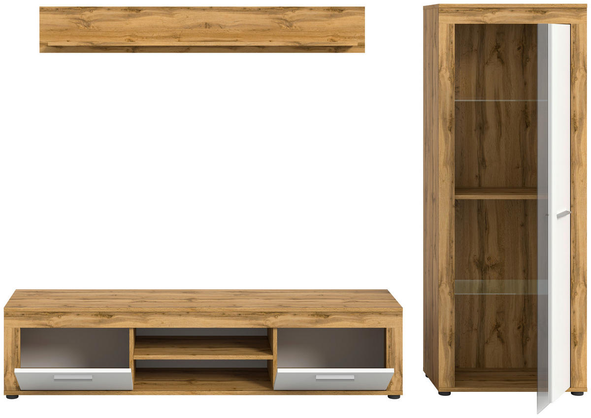 Wohnwand Jam Eiche Wotan Nachbildung weiß B/H/T: ca. 235x159x35 cm Jam - Eiche/weiß (235,00/159,00/35,00cm) - xonox.home