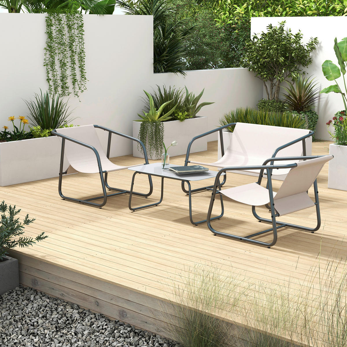 Outsunny Gartensitzgruppe 4tlg. cremeweiß Mesh B/H/L: ca. 70x70x110 cm Gartensitzgruppe 4tlg. - cremeweiß (110,00/70,00/70,00cm) - Outsunny