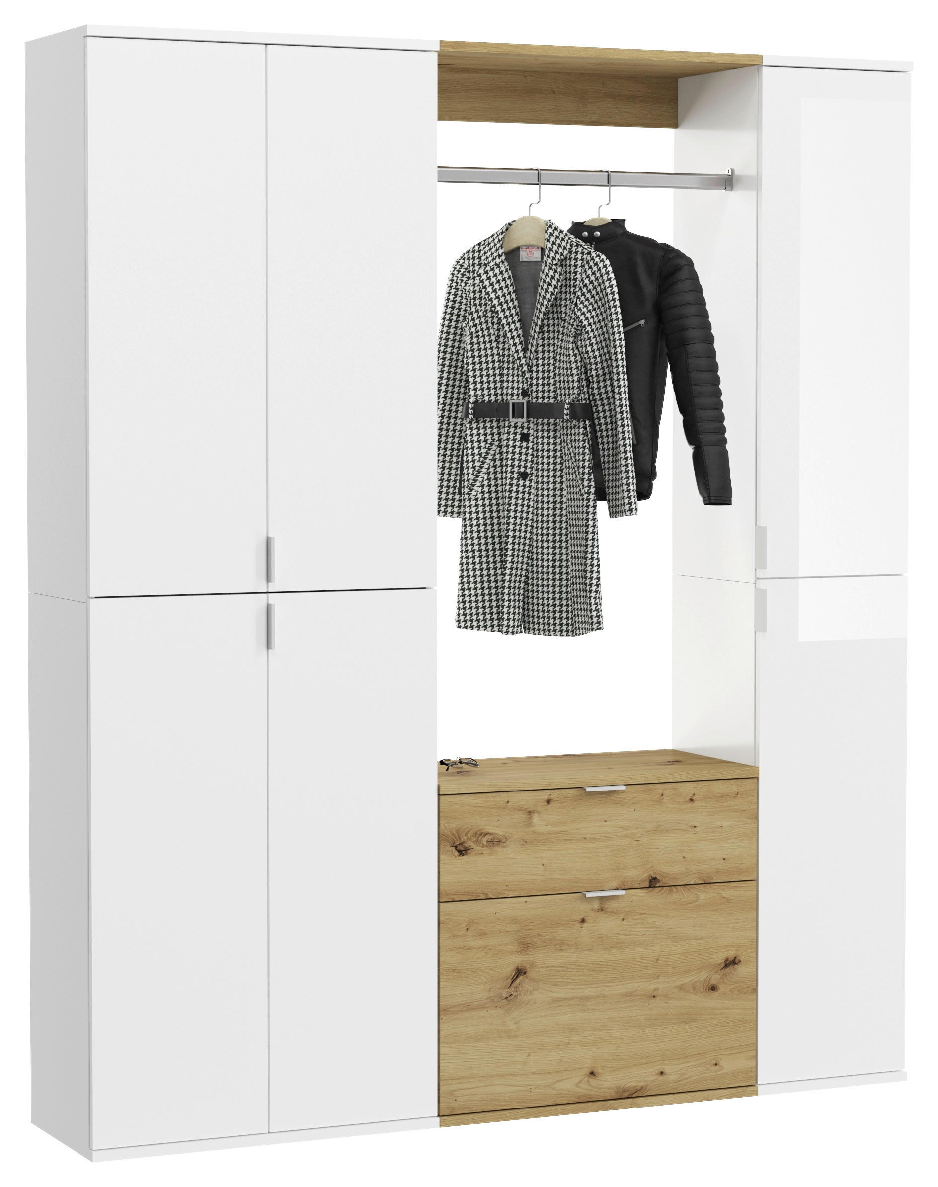 Garderobe PROJEKT weiß Eiche Artisan Nachbildung weiß Hochglanz B/H/T: ca. 152x193x34 cm PROJEKT - Eiche/weiß (152,00/193,00/34,00cm) - xonox.home
