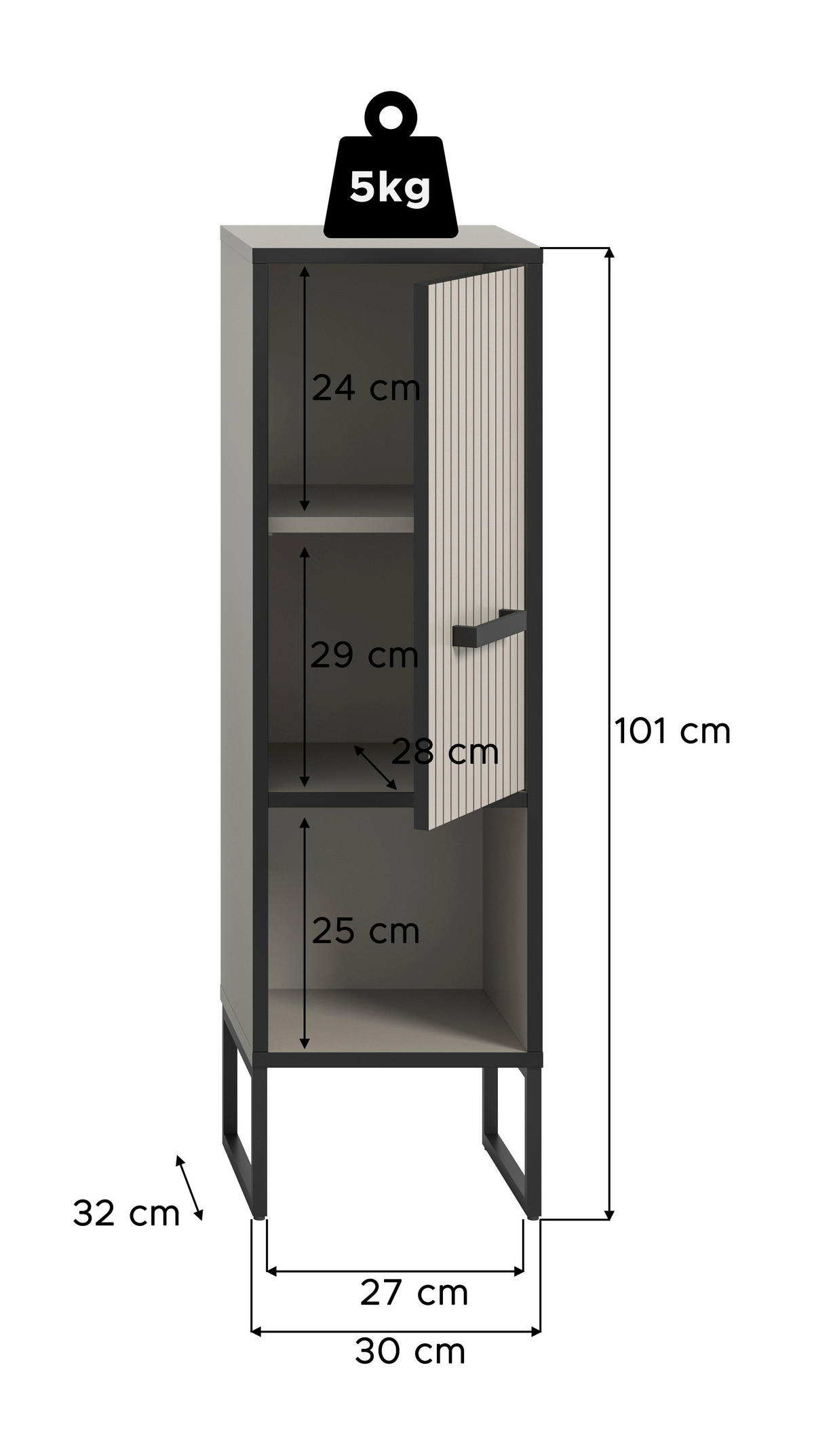 Hochschrank BAGNO schwarz Kaschmirgrau Nachbildung B/H/T: ca. 30x101x32 cm BAGNO - schwarz (30,00/101,00/32,00cm) - xonox.home