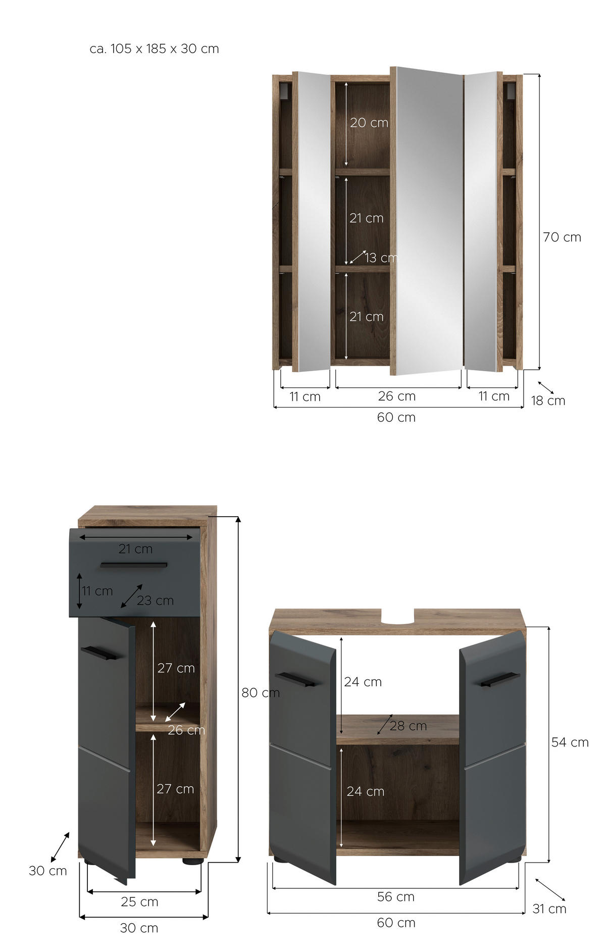 Badezimmer-Set Ice Nox Oak Nachbildung schwarz matt B/H/T: ca. 105x185x30 cm Ice - schwarz (105,00/185,00/30,00cm) - xonox.home