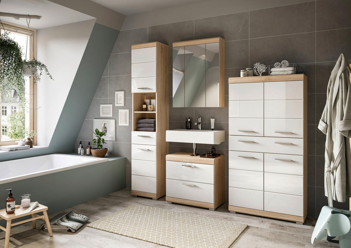 Badezimmer-Set Lambada Eiche Sonoma Nachbildung weiß Hochglanz B/H/T: ca. 186x191x34 cm Lambada - Eiche/weiß (186,00/191,00/34,00cm) - xonox.home