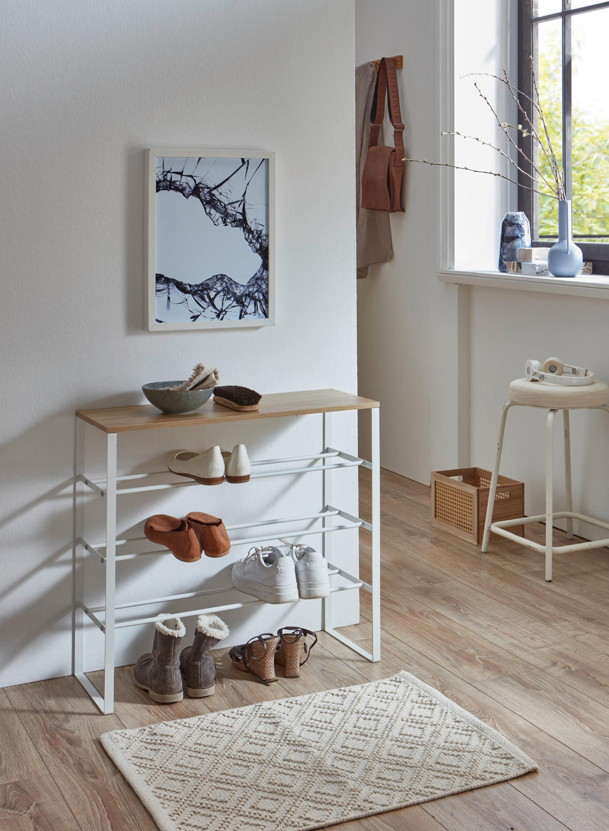 Schuhregal weiß Eiche Artisan Nachbildung B/H/T: ca. 66x61x25 cm KLEINMÖBEL Schuhregal - Eiche/weiß (66,00/61,00/25,00cm) - xonox.home