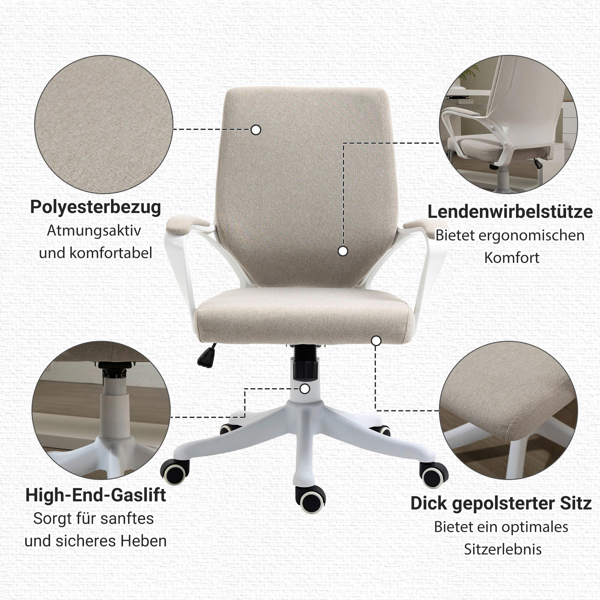 Drehstuhl 921-536BG beige weiß 921-536BG - beige/weiß (62,00/92,00/69,00cm) - Vinsetto