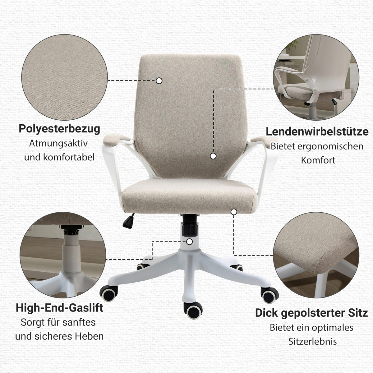 Drehstuhl 921-536BG beige weiß 921-536BG - beige/weiß (62,00/92,00/69,00cm) - Vinsetto