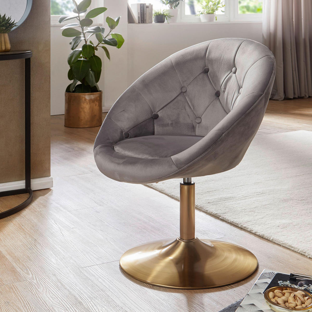 Wohnling Sessel grau gold Stoff Eisen Loungesessel - gold/grau - Wohnling