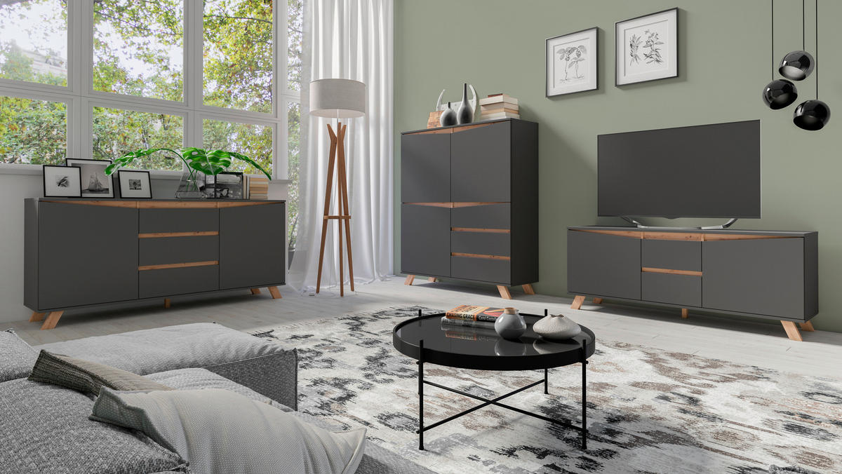 TV-Board VALENTIN anthrazit Eiche Artisan Nachbildung B/H/T: ca. 160x55x38 cm VALENTIN - Eiche/anthrazit (160,00/55,00/38,00cm) - byLIVING