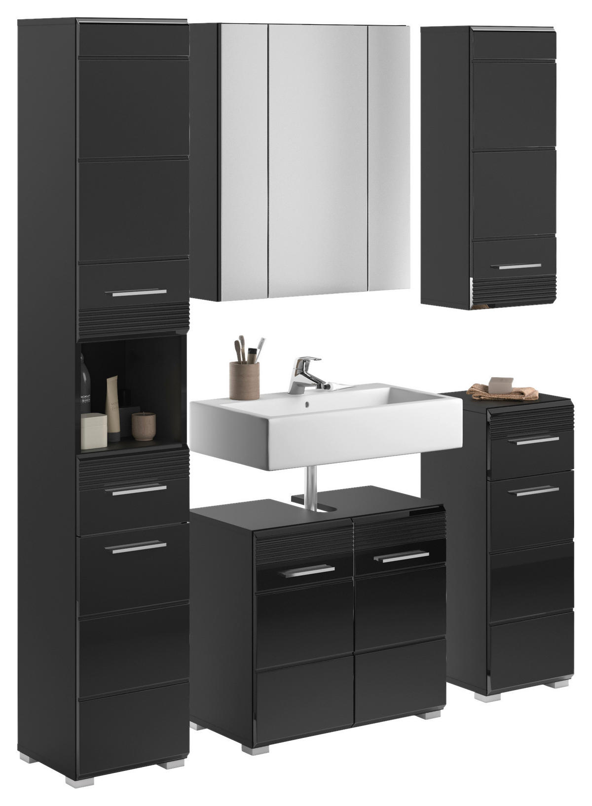 Badezimmer-Set LINUS schwarz schwarz Hochglanz B/H/T: ca. 150x182x34 cm LINUS - schwarz (150,00/182,00/34,00cm) - xonox.home