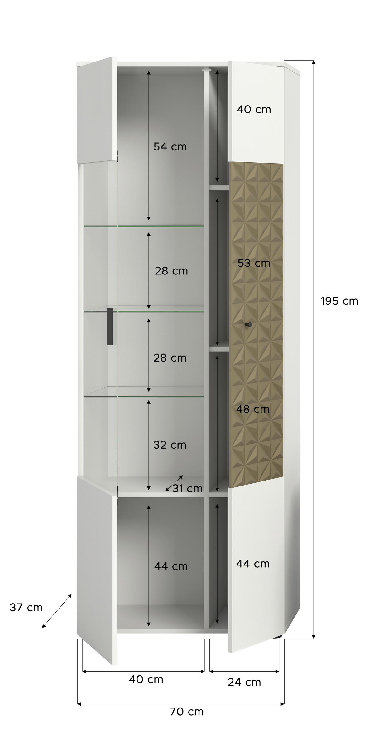Vitrinenschrank Prisma weiß gold Optik B/H/T: ca. 70x195x37 cm Prisma - gold/weiß (70,00/195,00/37,00cm)