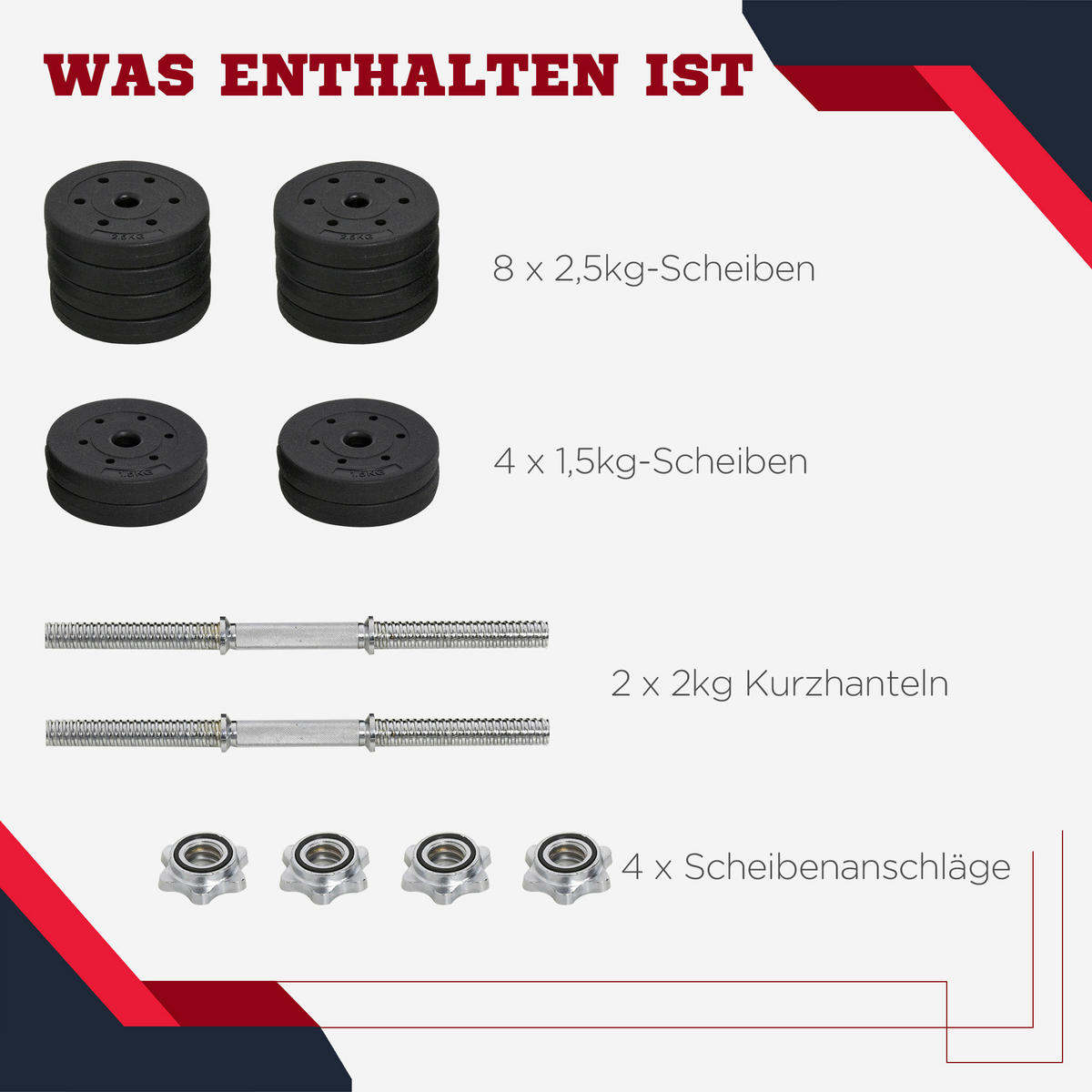 HOMCOM Hantelset schwarz Kunststoff B/H/L: ca. 18x7,5x43 cm Hantel-Set 30kg - schwarz (43,00/18,00/7,50cm) - HOMCOM