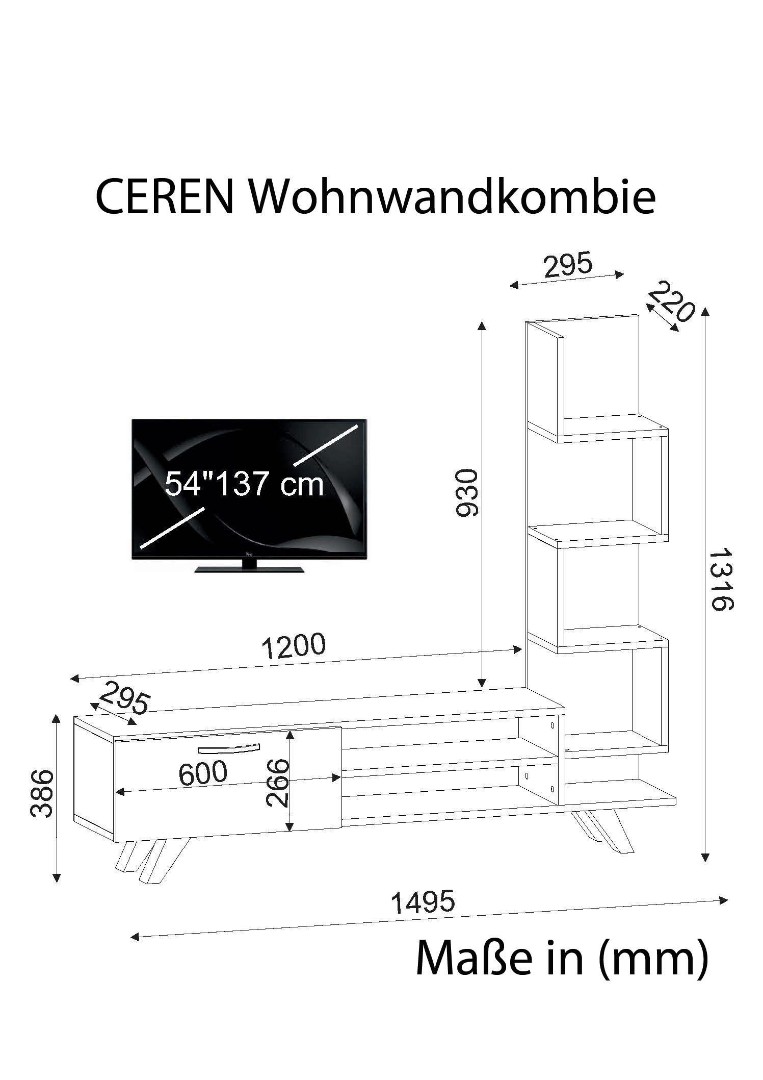Wohnwand Ceren weiß Cordoba B/H/T: ca. 148x121x29 cm Ceren - Cordoba/weiß (148,00/121,00/29,00cm) - moebel17