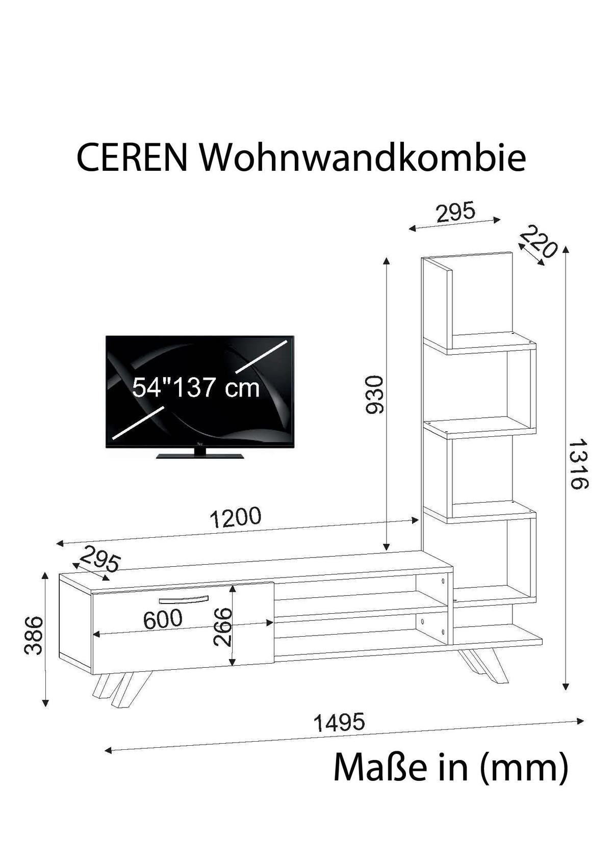 Wohnwand Ceren weiß Cordoba B/H/T: ca. 148x121x29 cm Ceren - Cordoba/weiß (148,00/121,00/29,00cm) - moebel17