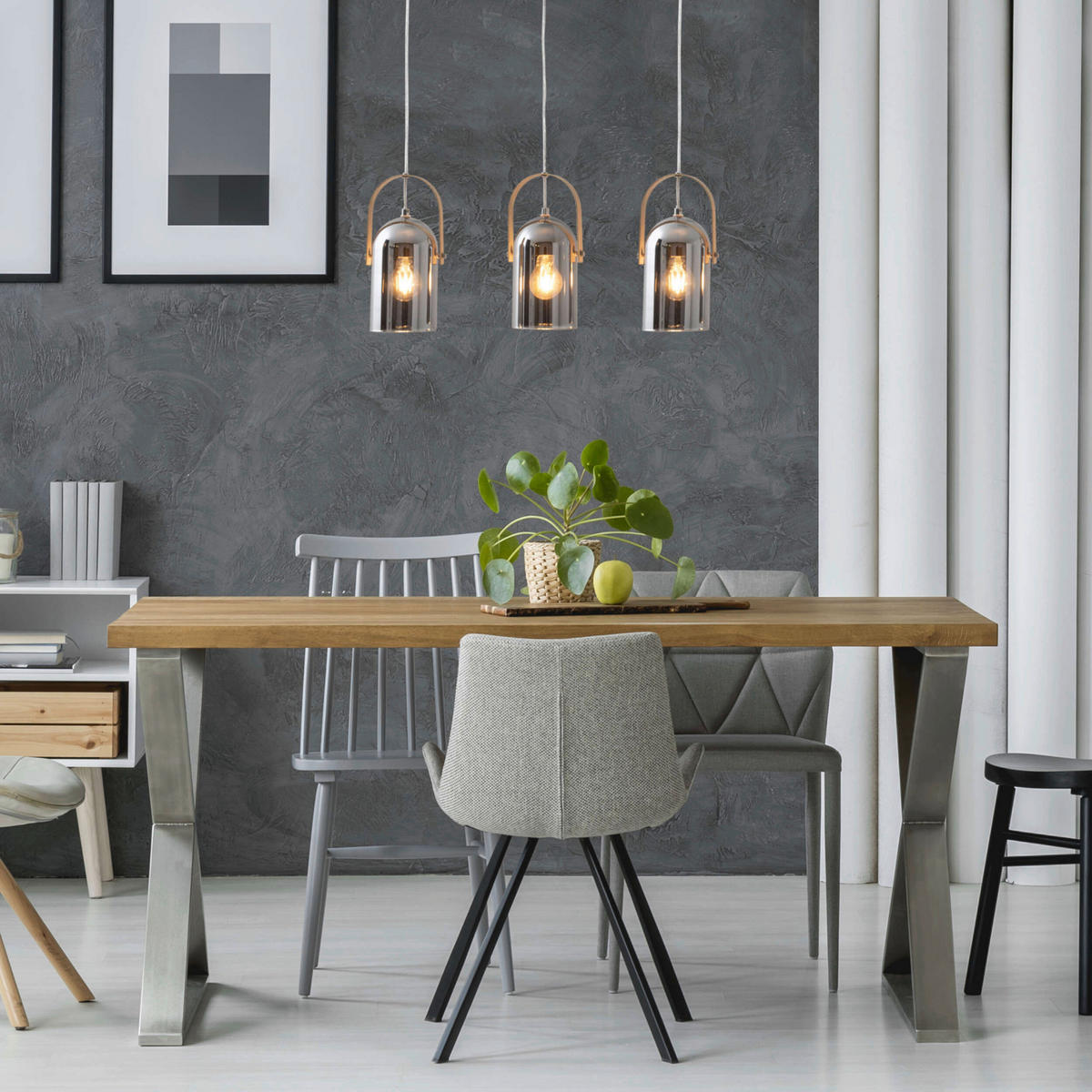 Näve Leuchten Pendelleuchte 7086159 silber Glas Metall B/H/T: ca. 64x141x11,5 cm E27 3 Brennstellen Vidrio - silber (64,00/141,00/11,50cm) - Näve Leuchten