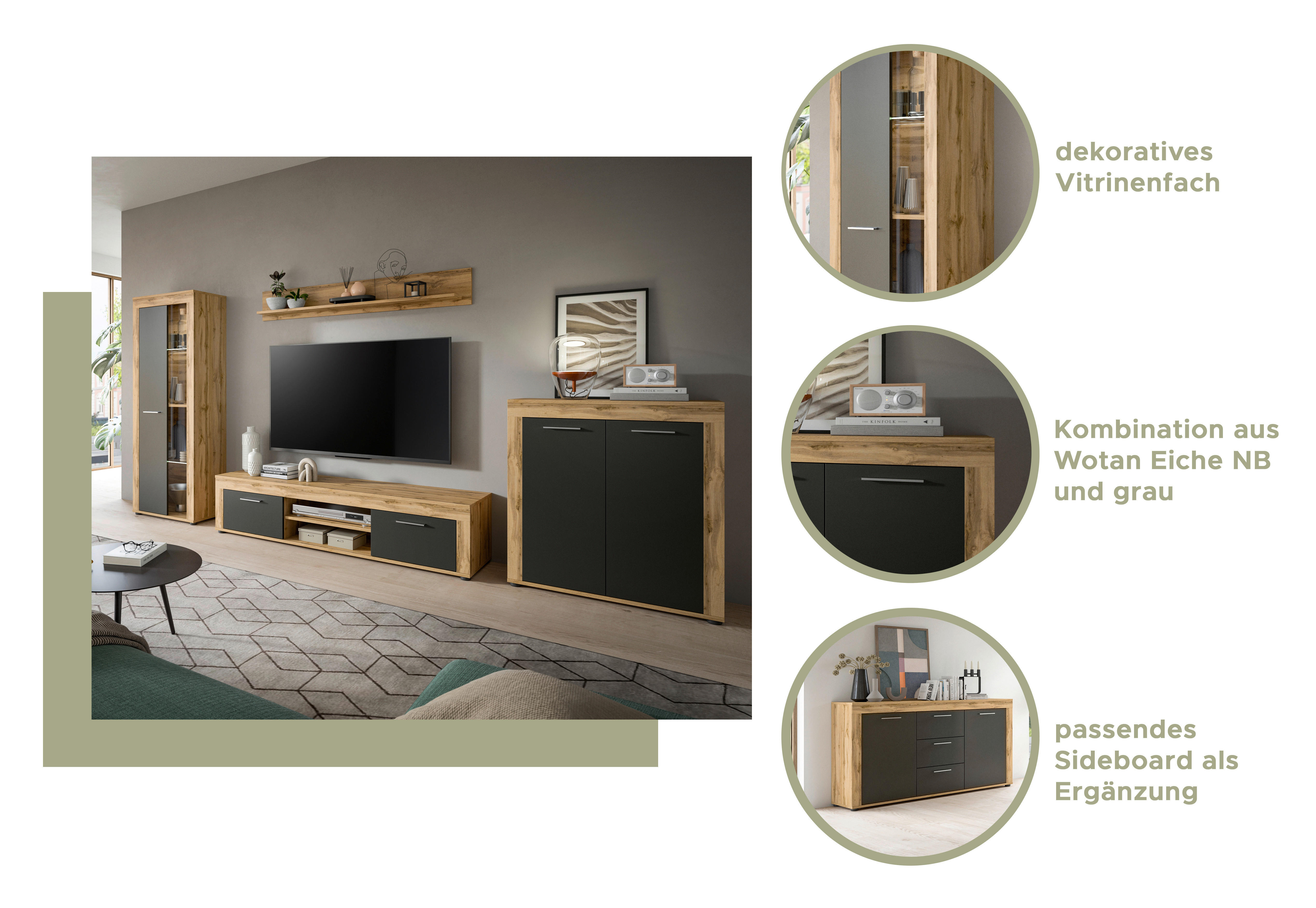 Wohnwand Jam Eiche Wotan Nachbildung grau B/H/T: ca. 310x169x35 cm Jam - Eiche/grau (310,00/169,00/35,00cm) - xonox.home