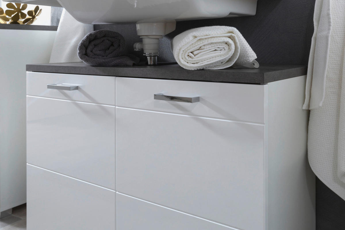 Waschbeckenunterschrank Praya Dark Concret Nachbildung weiß Hochglanz B/H/T: ca. 79x58x32 cm Praya - weiß (79,00/58,00/32,00cm)