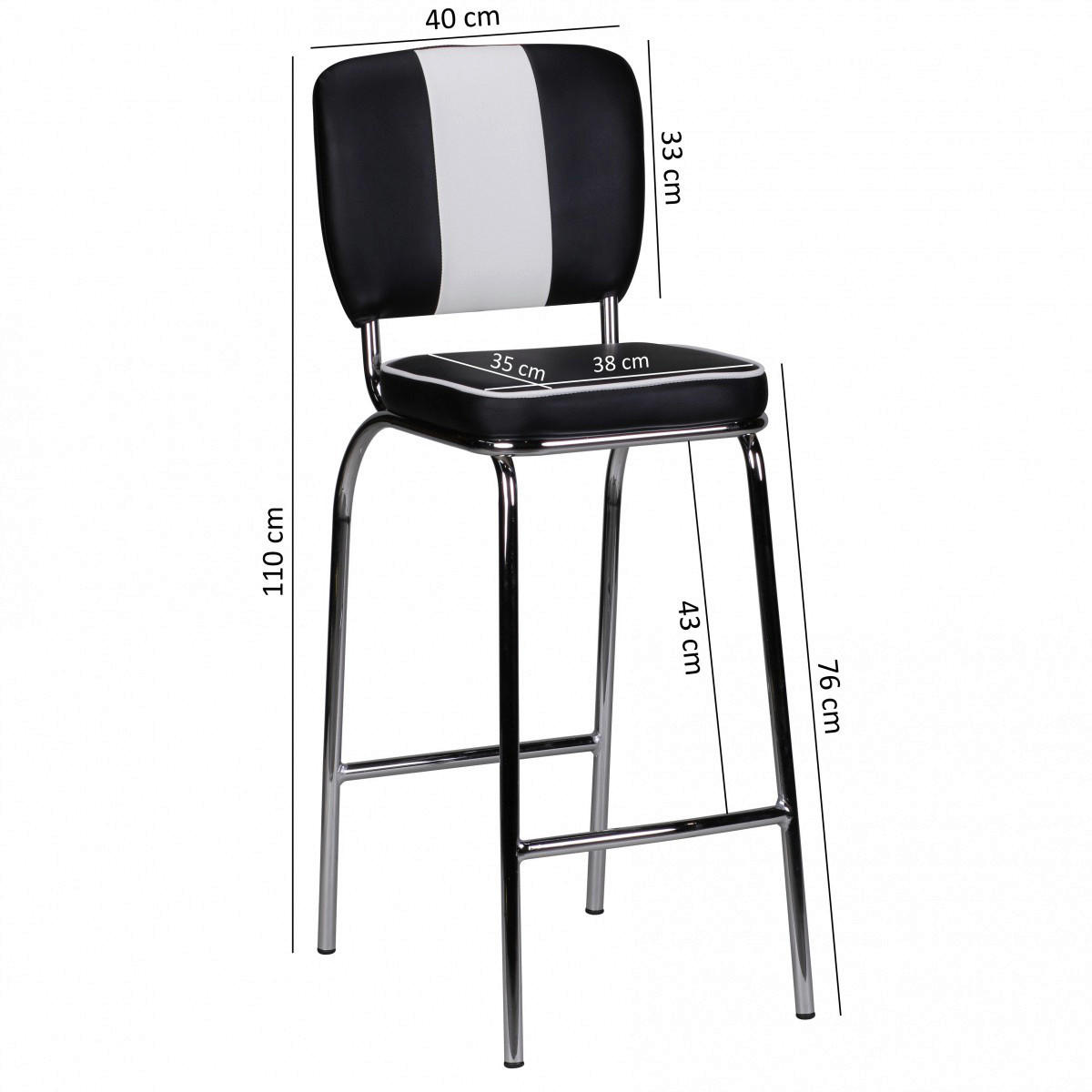 Barhocker schwarz weiß Chrom Kunstleder Kunstleder Metall B/H/T: ca. 40x110x38 cm Barstuhl Diner - weiß/schwarz (40,00/110,00/38,00cm) - Wohnling