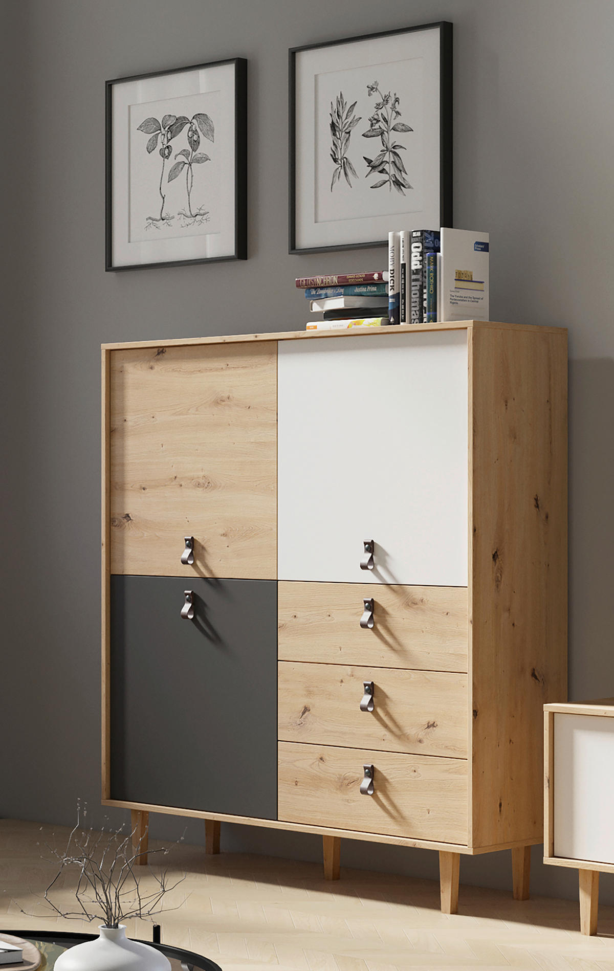 Highboard BILL Eiche Artisan Nachbildung weiß anthrazit dunkelbraun natur B/H/T: ca. 120x135x36,5 cm BILL - Eiche/dunkelbraun (120,00/135,00/36,50cm) - byLIVING