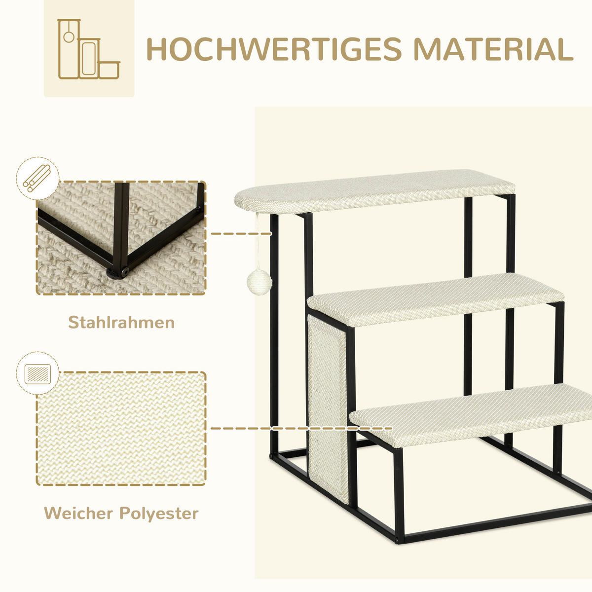 PawHut 3-stufige Haustiertreppe mit Kratzbrett schwarz Edelstahl B/H/L: ca. 54x51x53 cm Haustiertreppe - schwarz/cremeweiß (53,00/54,00/51,00cm) - PawHut