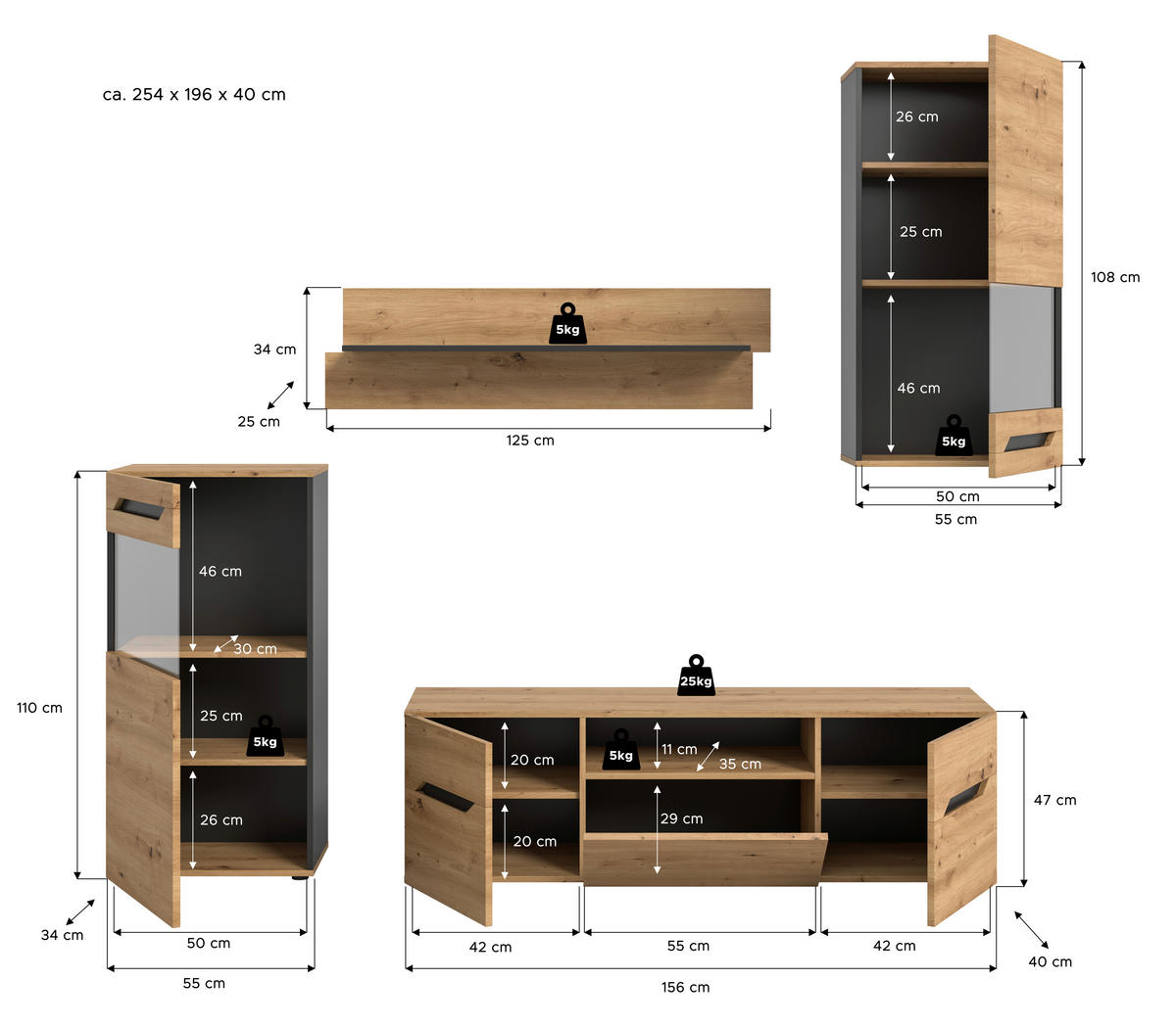 Wohnwand Caserta basaltgrau Nachbildung Artisan Oak Nachbildung B/H/T: ca. 253x196x40 cm Caserta - basaltgrau (253,00/196,00/40,00cm) - xonox.home