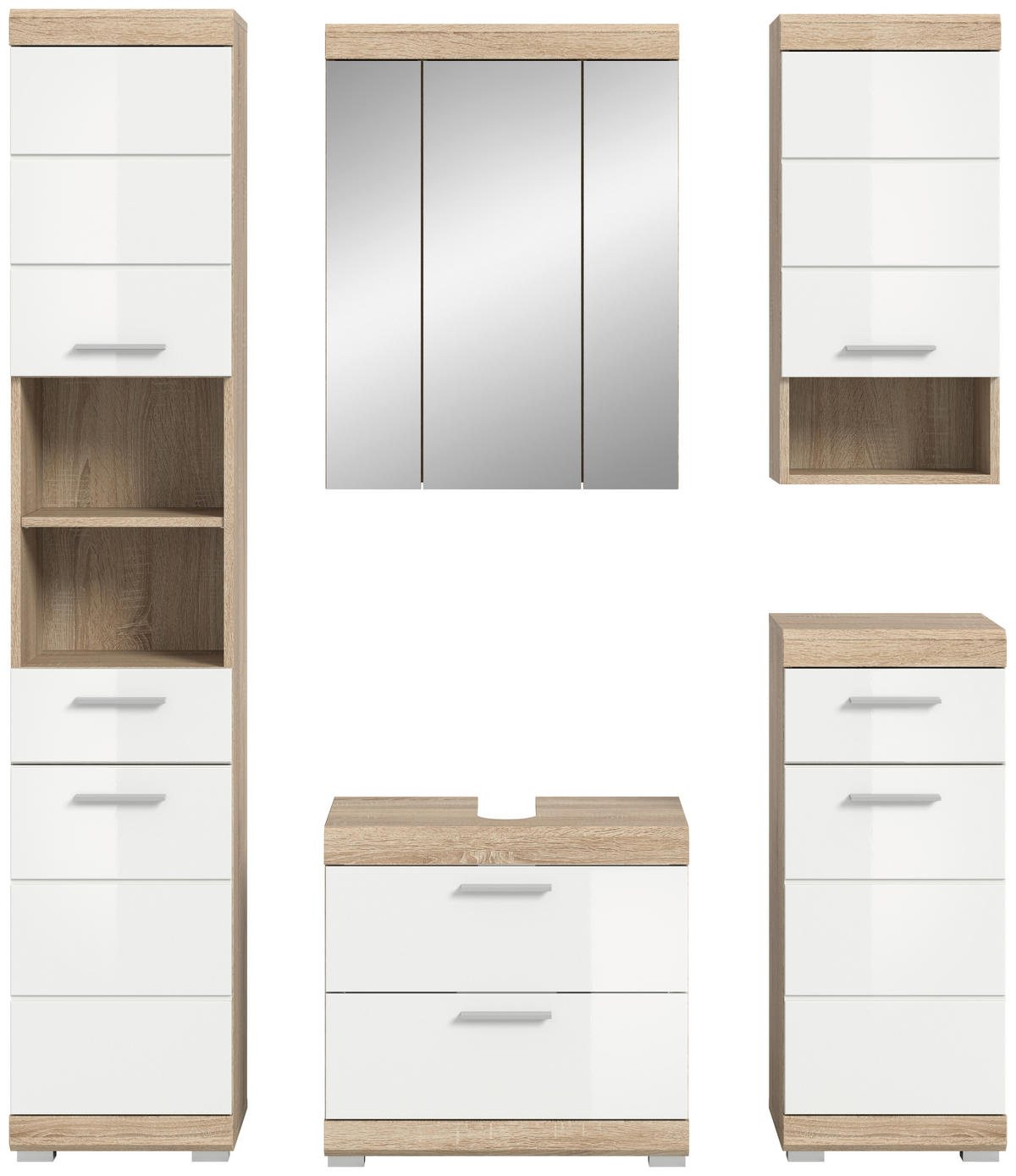 Badezimmer-Set Lambada Eiche Sonoma Nachbildung weiß Hochglanz B/H/T: ca. 164x191x37 cm Lambada - Eiche/weiß (164,00/191,00/37,00cm) - xonox.home