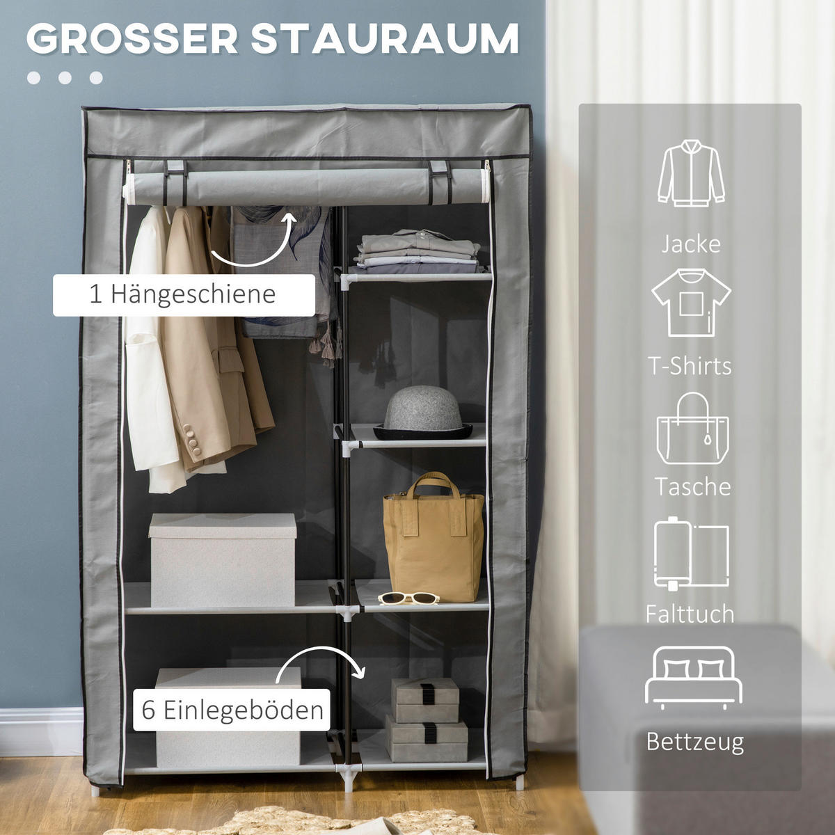 HOMCOM Kleiderschrank grau Polypropylen B/H/L: ca. 43x103x162,5 cm Stoffschrank - grau (162,50/43,00/103,00cm) - HOMCOM
