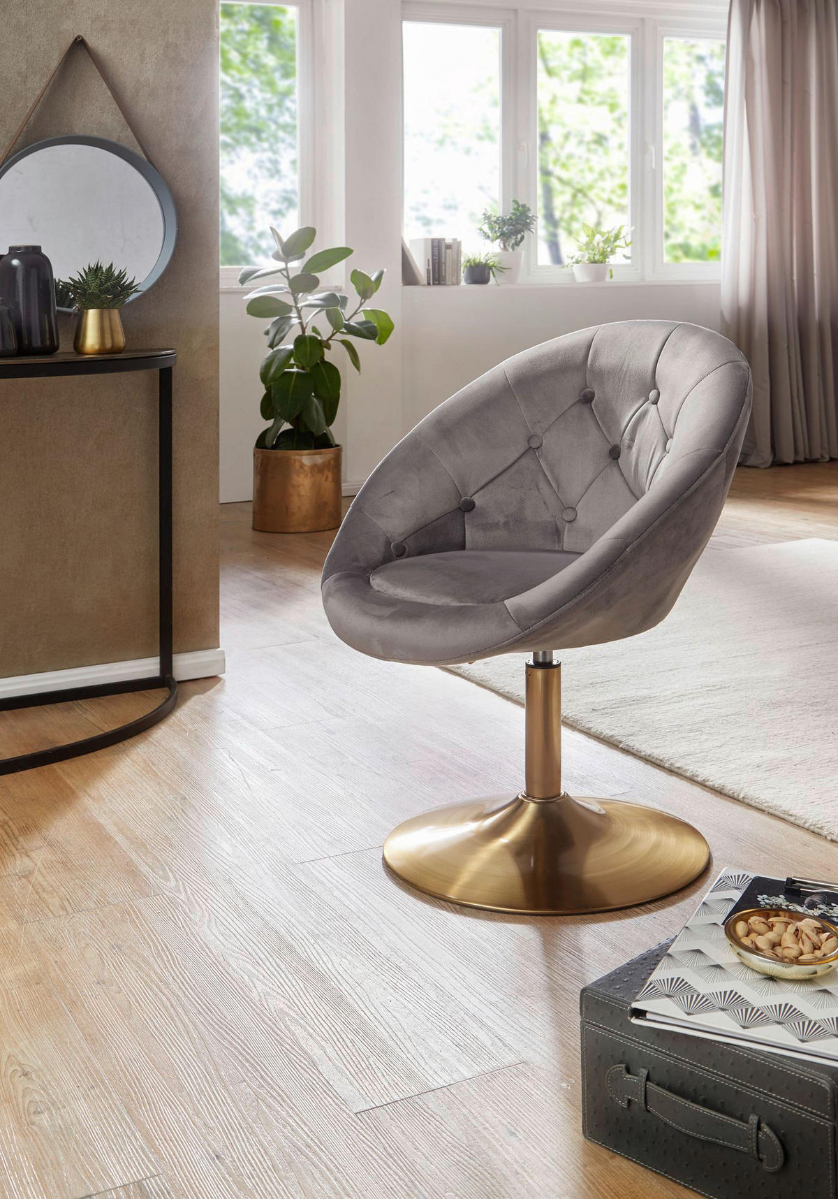 Wohnling Sessel grau gold Stoff Eisen Loungesessel - gold/grau - Wohnling