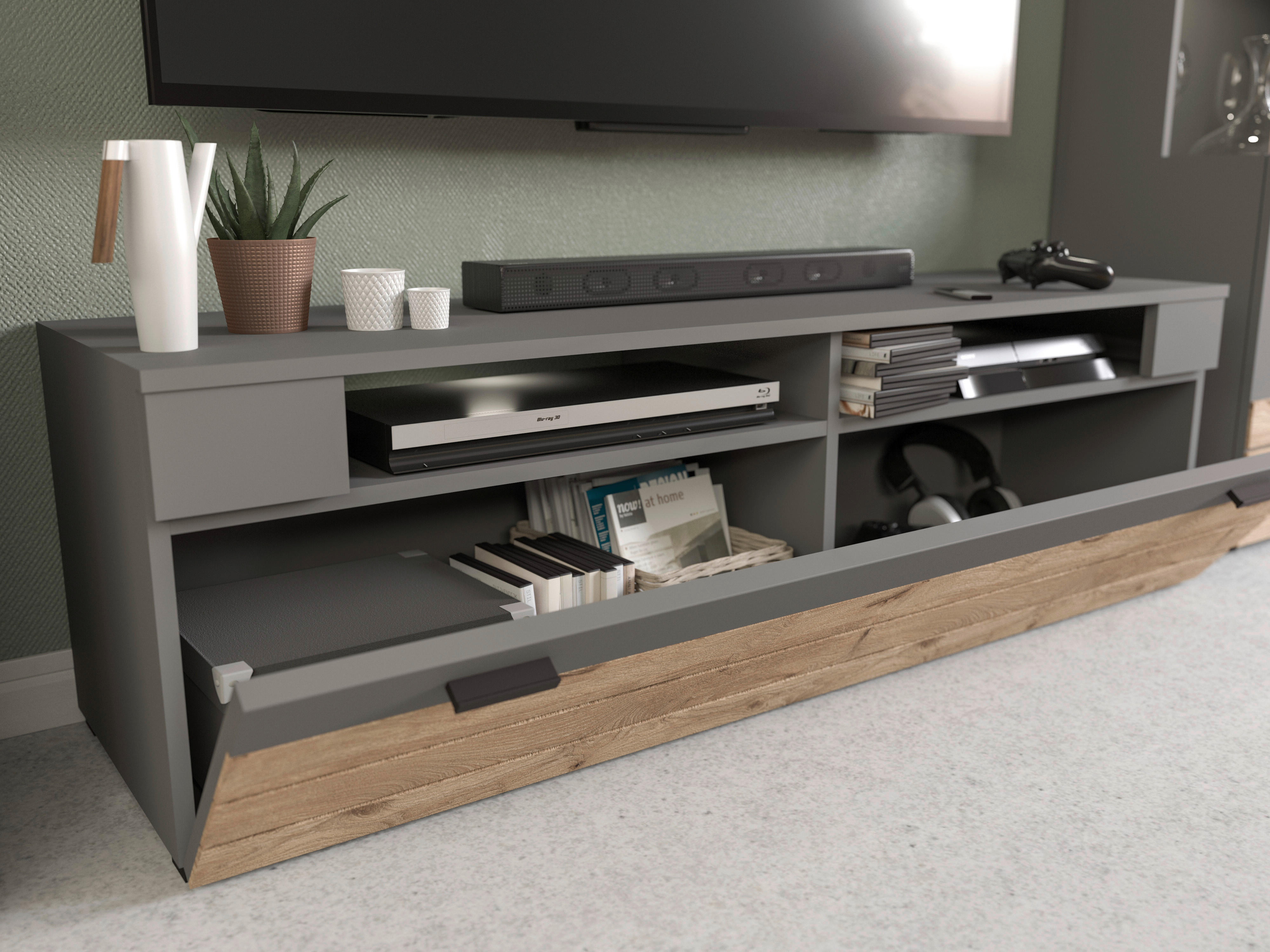 Wohnwand Freno grau matt Eiche Nox Oak Nachbildung B/H/T: ca. 290x194x40 cm Freno - Eiche/grau (290,00/194,00/40,00cm) - xonox.home