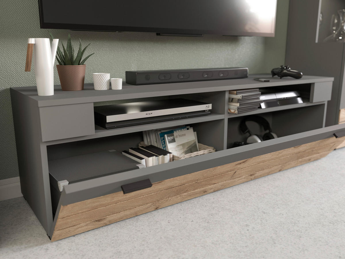 Wohnwand Freno grau matt Eiche Nox Oak Nachbildung B/H/T: ca. 290x194x40 cm Freno - Eiche/grau (290,00/194,00/40,00cm) - xonox.home