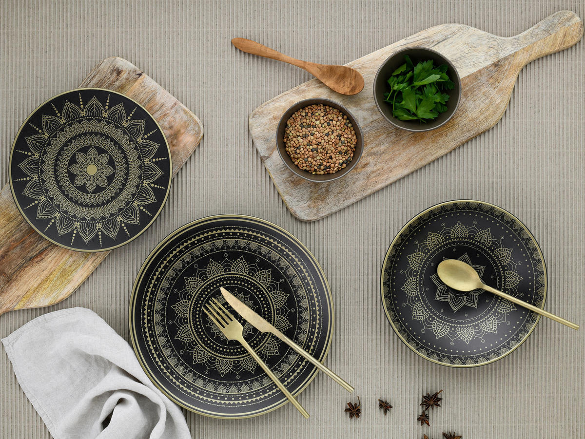 CreaTable Tafelservice MANDALA GOLD schwarz Steinzeug 12 tlg. MANDALA GOLD - schwarz - CreaTable