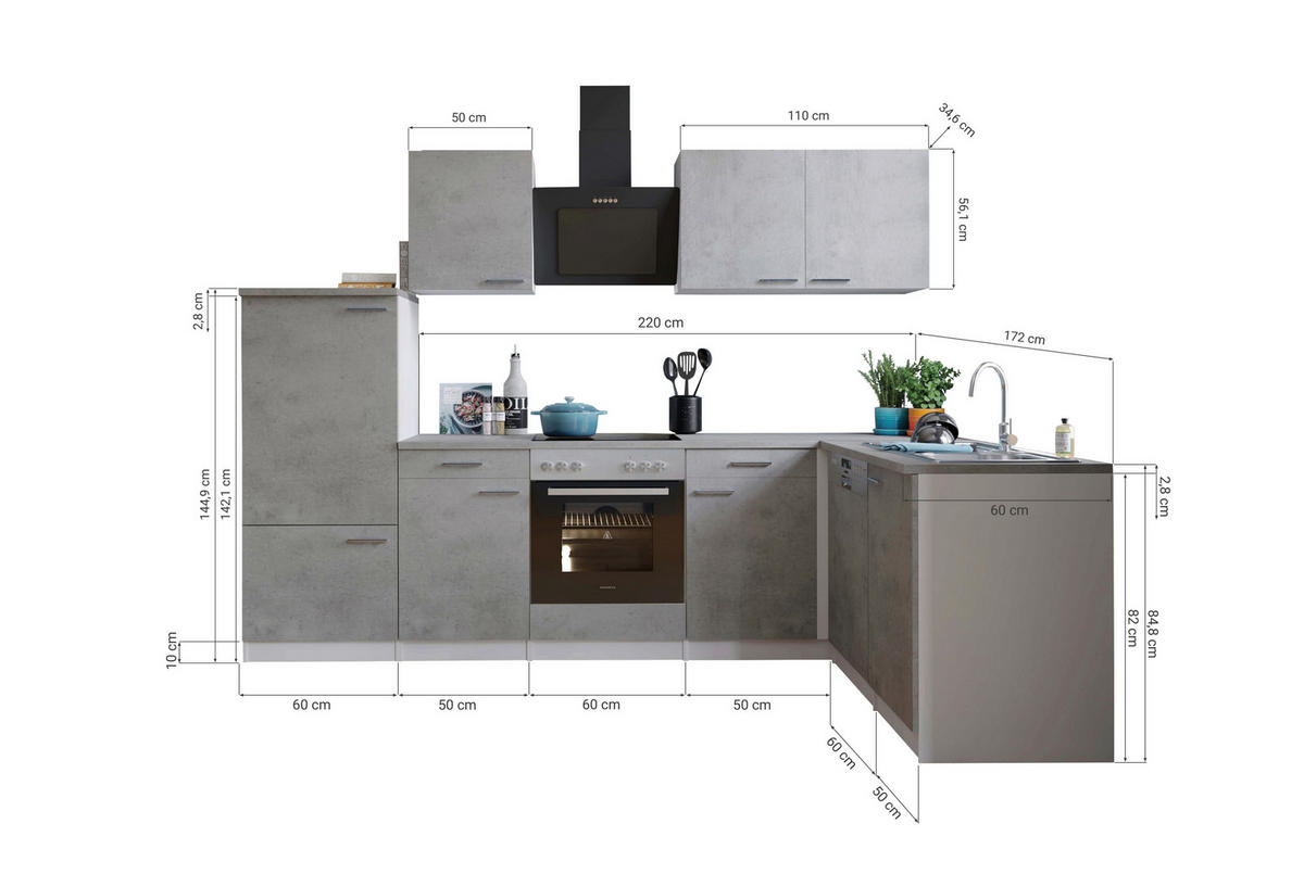 Respekta Winkelküche Malia Beton Optik B/H/T: ca. 280x200x172 cm Malia - Beton/weiß (280,00/200,00/172,00cm) - Respekta
